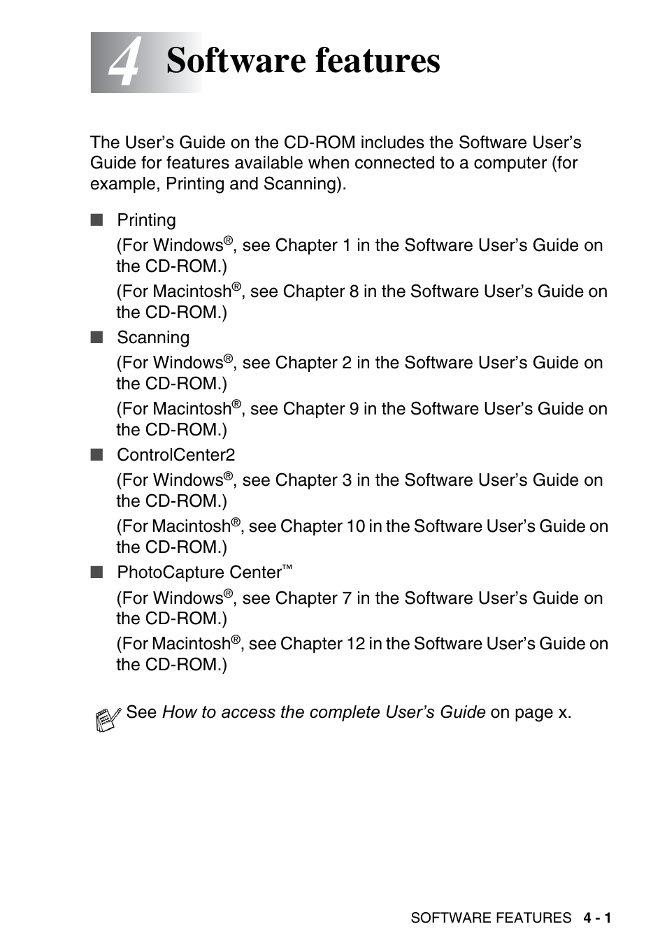 4 software features, Software features -1, Software features | Brother DCP-120C User Manual | Page 67 / 113