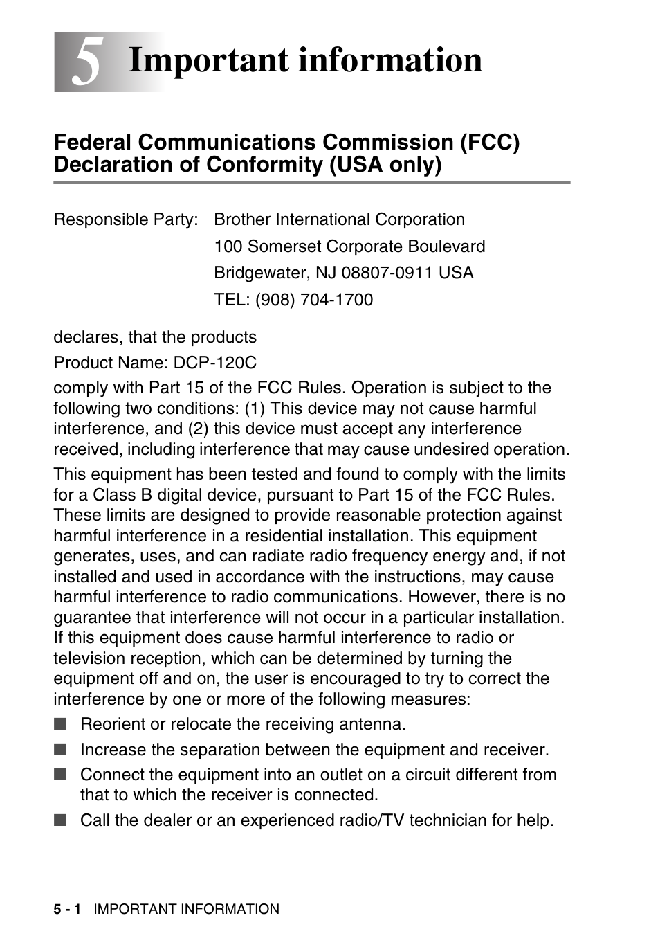 5 important information, Important information -1, Federal communications commission | Fcc) declaration of conformity (usa only) -1, Important information | Brother DCP-120C User Manual | Page 68 / 113