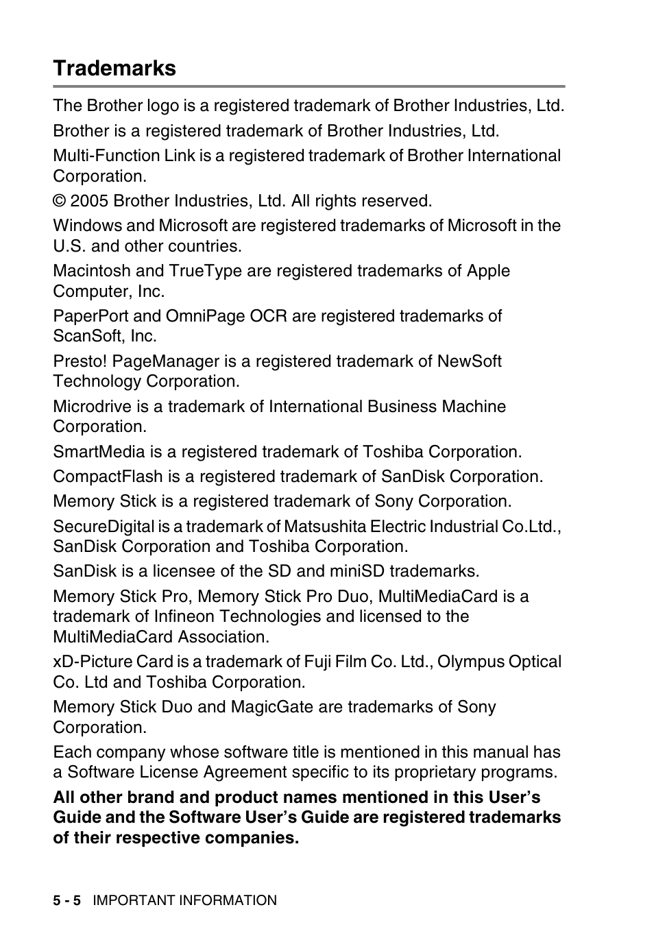 Trademarks, Trademarks -5 | Brother DCP-120C User Manual | Page 72 / 113