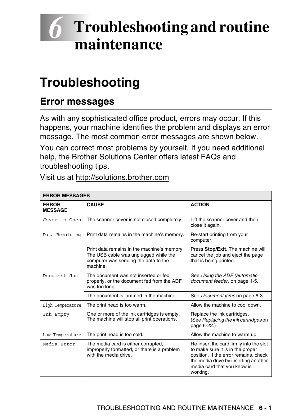 6 troubleshooting and routine maintenance, Troubleshooting, Error messages | Troubleshooting and routine maintenance -1, Troubleshooting -1, Error messages -1, Troubleshooting and routine maintenance | Brother DCP-120C User Manual | Page 73 / 113