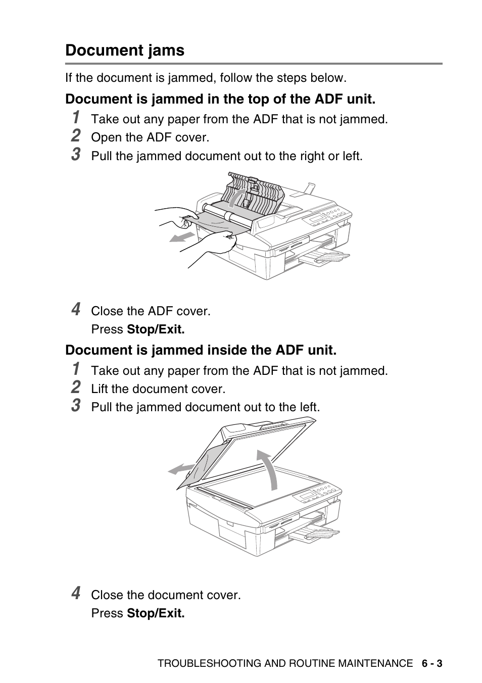 Document jams, Document is jammed in the top of the adf unit, Document is jammed inside the adf unit | Document jams -3 | Brother DCP-120C User Manual | Page 75 / 113