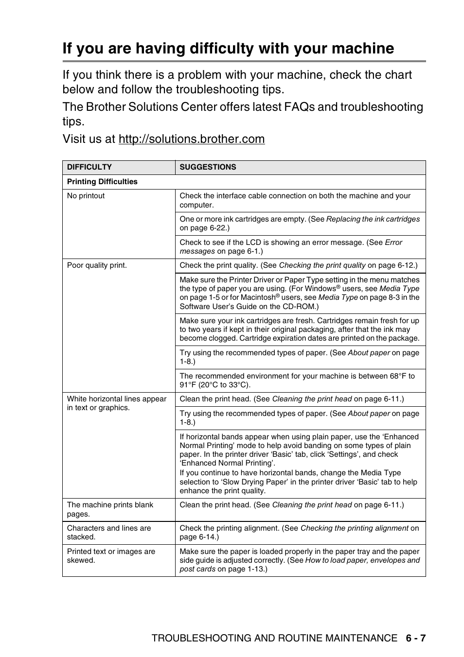 If you are having difficulty with your machine, If you are having difficulty with your machine -7, Troubleshooting and routine maintenance 6 - 7 | Brother DCP-120C User Manual | Page 79 / 113