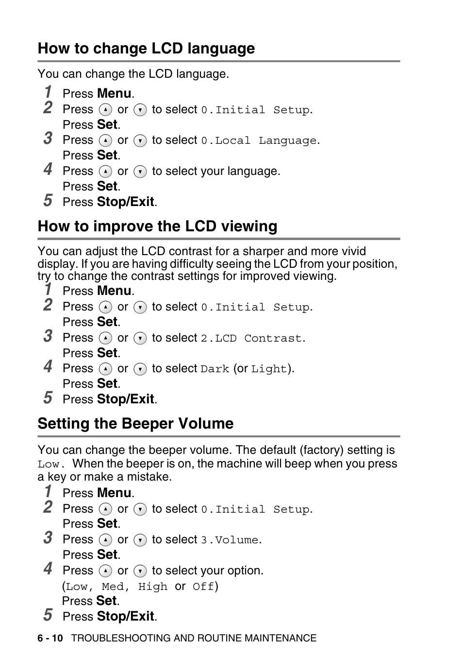 How to change lcd language, How to improve the lcd viewing, Setting the beeper volume | Brother DCP-120C User Manual | Page 82 / 113