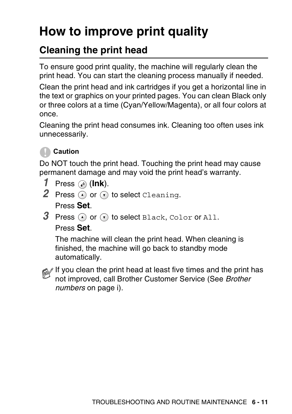 How to improve print quality, Cleaning the print head, How to improve print quality -11 | Cleaning the print head -11 | Brother DCP-120C User Manual | Page 83 / 113