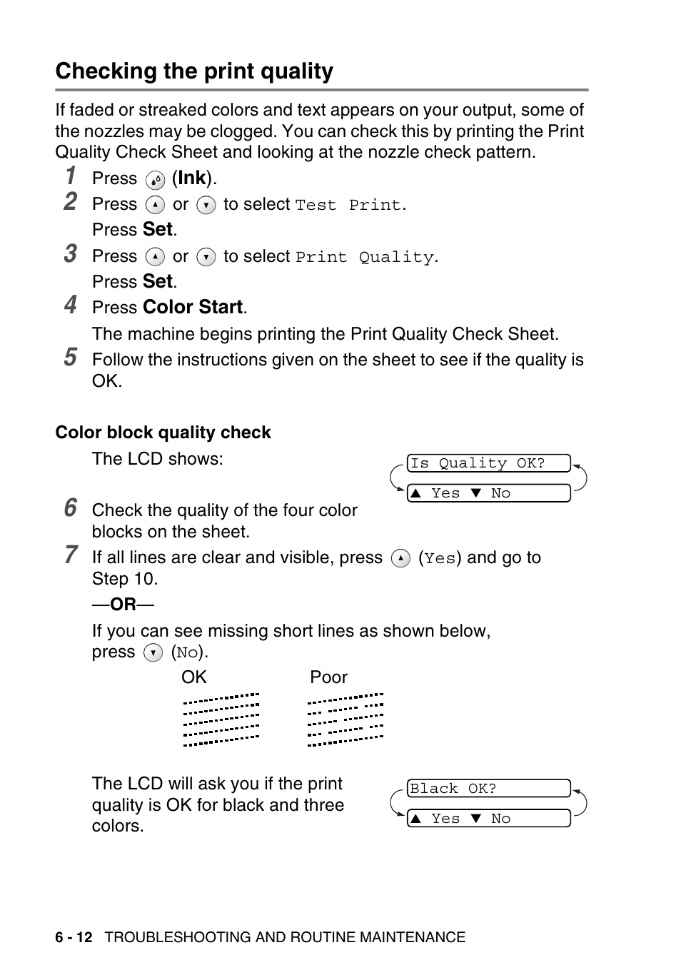 Checking the print quality, Checking the print quality -12 | Brother DCP-120C User Manual | Page 84 / 113