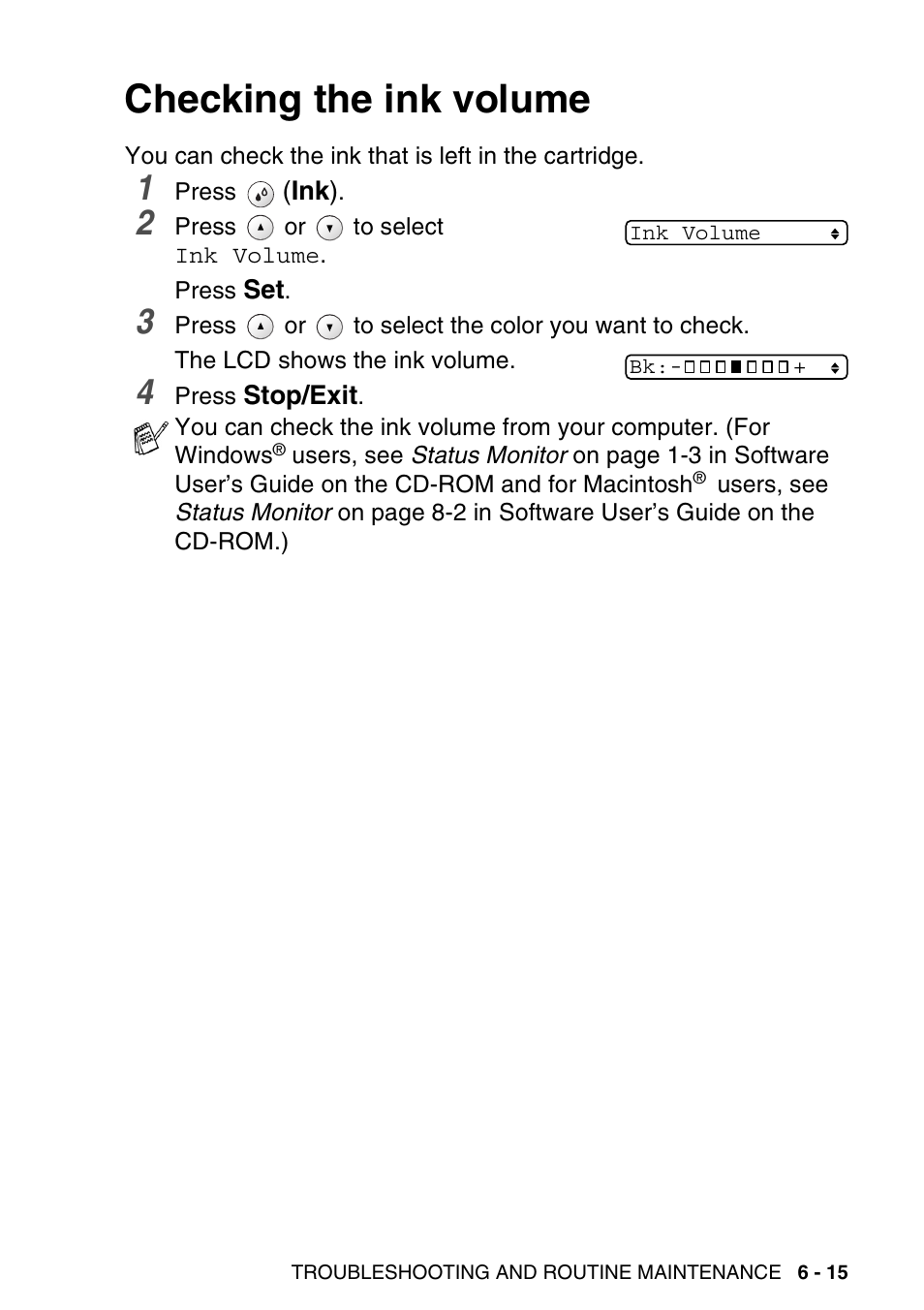 Checking the ink volume, Checking the ink volume -15 | Brother DCP-120C User Manual | Page 87 / 113