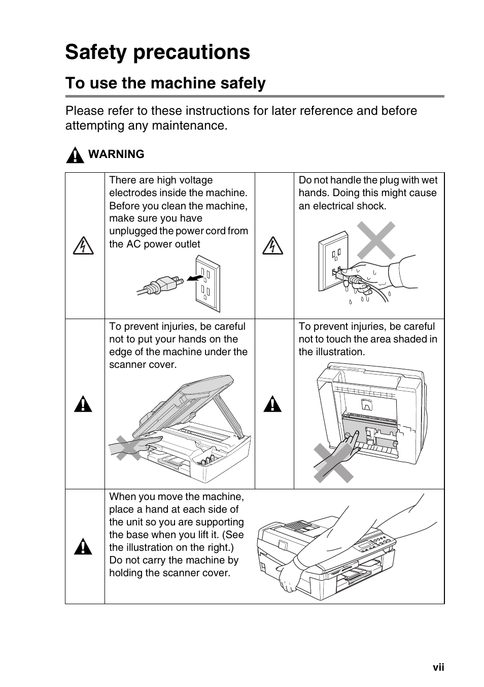 Safety precautions, To use the machine safely | Brother DCP-120C User Manual | Page 9 / 113