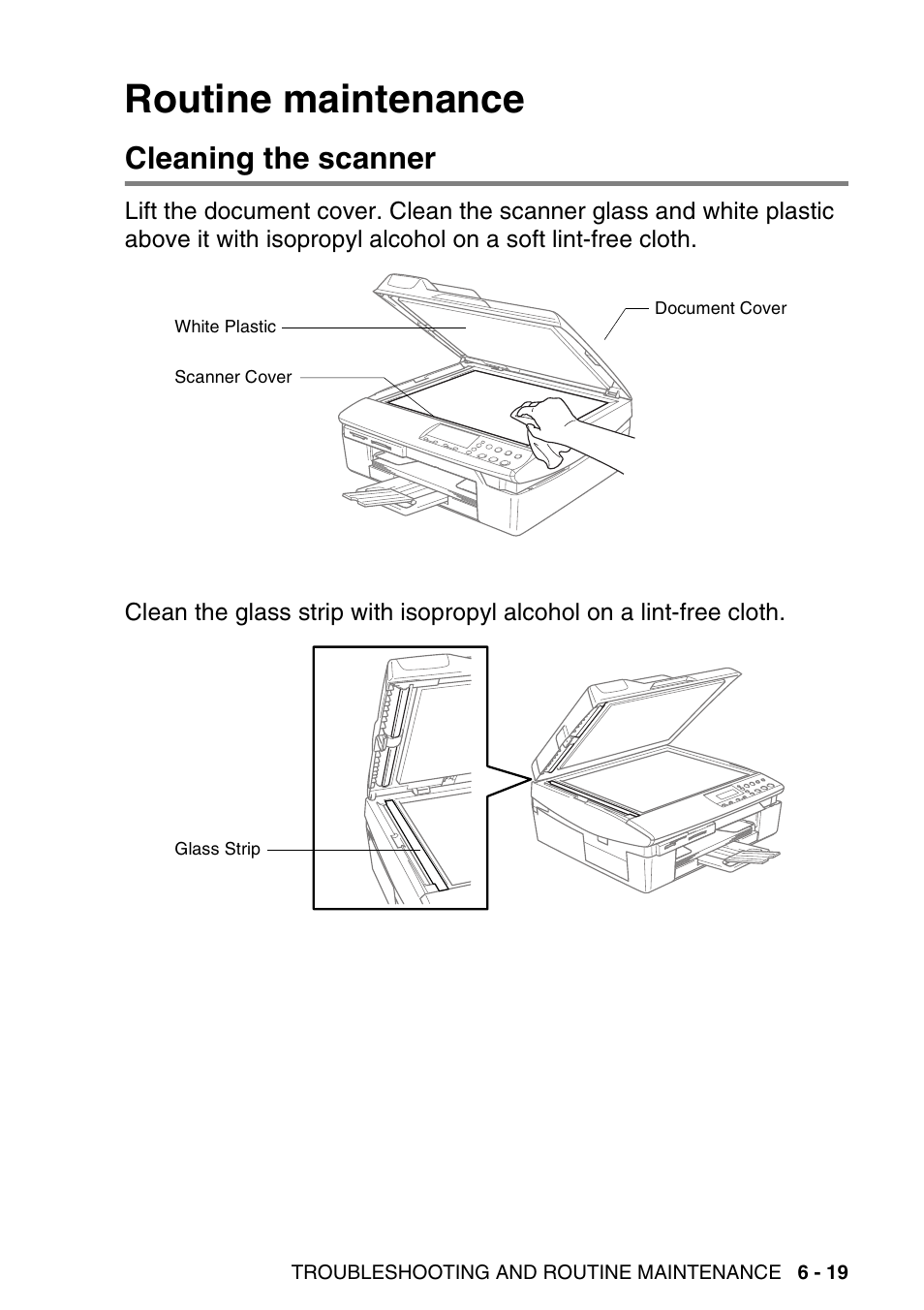 Routine maintenance, Cleaning the scanner, Routine maintenance -19 | Cleaning the scanner -19 | Brother DCP-120C User Manual | Page 91 / 113