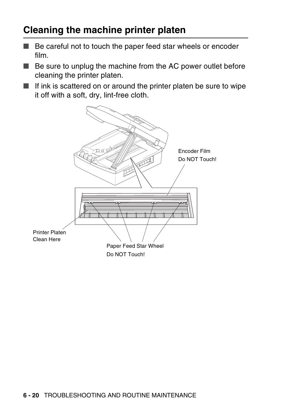 Cleaning the machine printer platen, Cleaning the machine printer platen -20 | Brother DCP-120C User Manual | Page 92 / 113