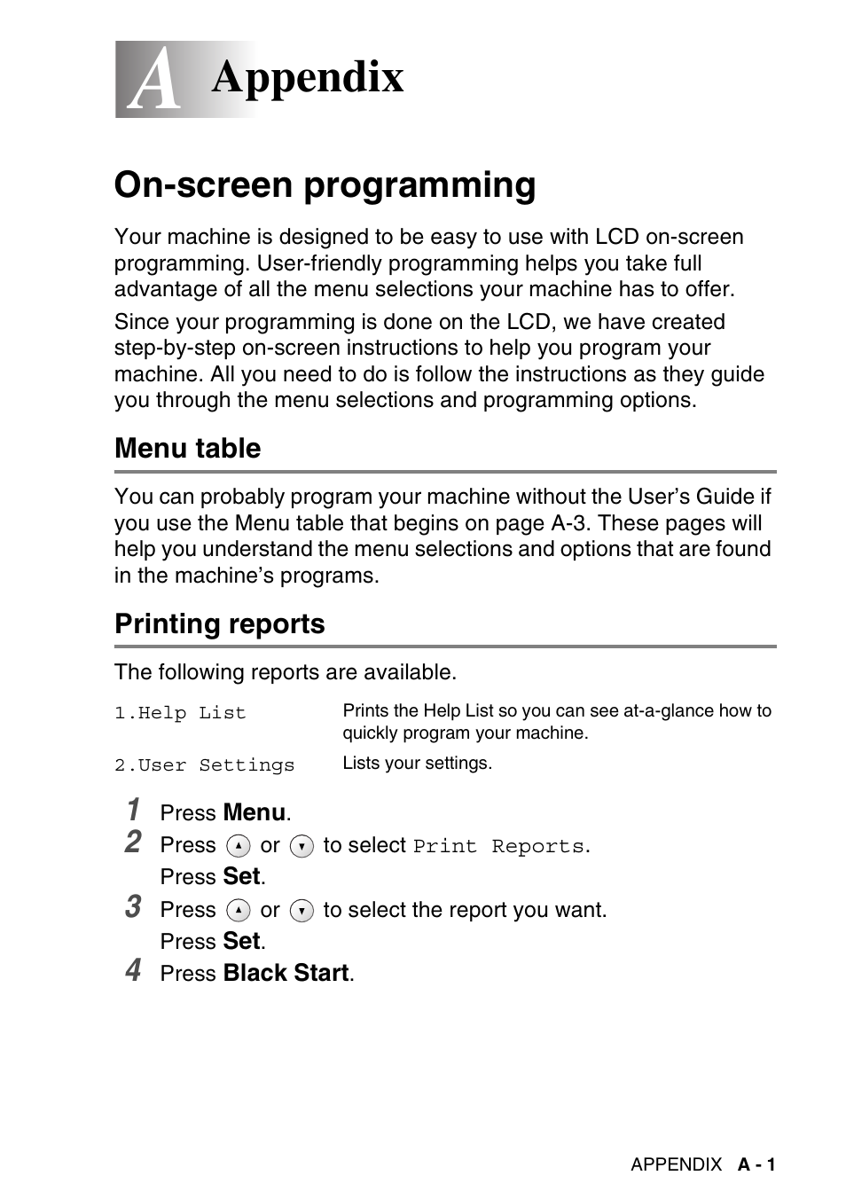 Appendix, On-screen programming, Menu table | Printing reports | Brother DCP-120C User Manual | Page 97 / 113