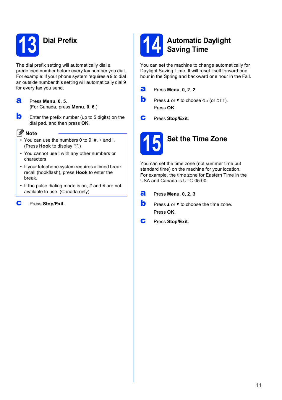 13 dial prefix, 14 automatic daylight saving time, 15 set the time zone | Brother MFC-8510DN User Manual | Page 11 / 26