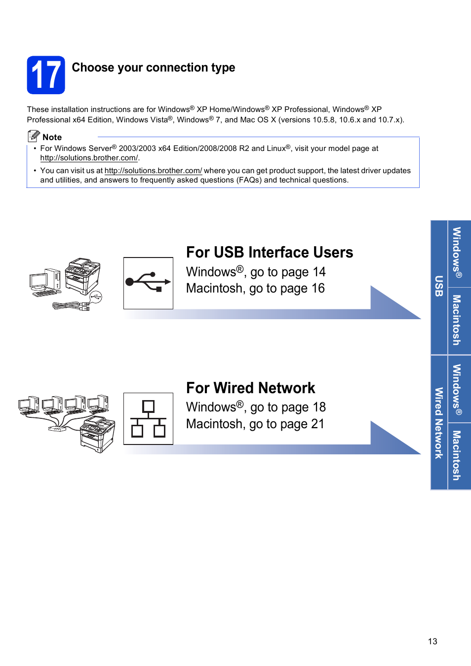 17 choose your connection type, For usb interface users, For wired network | Windows, Go to page 14 macintos h, go to page 16, Go to page 18 macintos h, go to page 21, Choose your connection type | Brother MFC-8510DN User Manual | Page 13 / 26