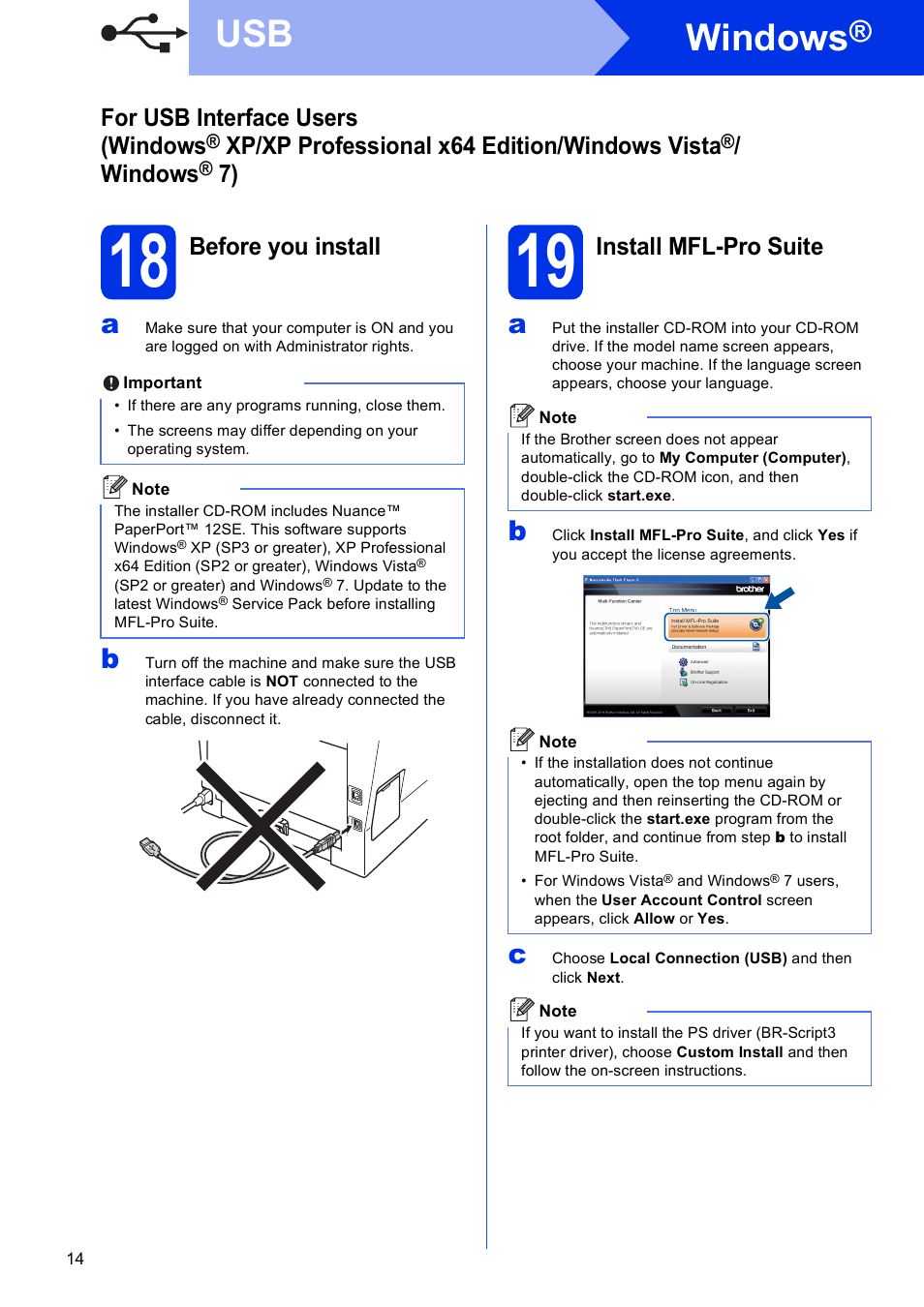 18 before you install, 19 install mfl-pro suite, Windows | For usb interface users (windows, Xp/xp professional x64 edition/windows vista, Before you install, Install mfl-pro suite | Brother MFC-8510DN User Manual | Page 14 / 26