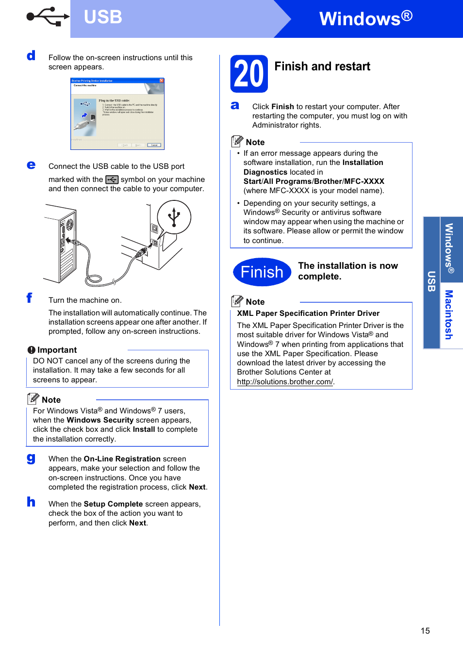 20 finish and restart, Windows, Finish | Finish and restart | Brother MFC-8510DN User Manual | Page 15 / 26