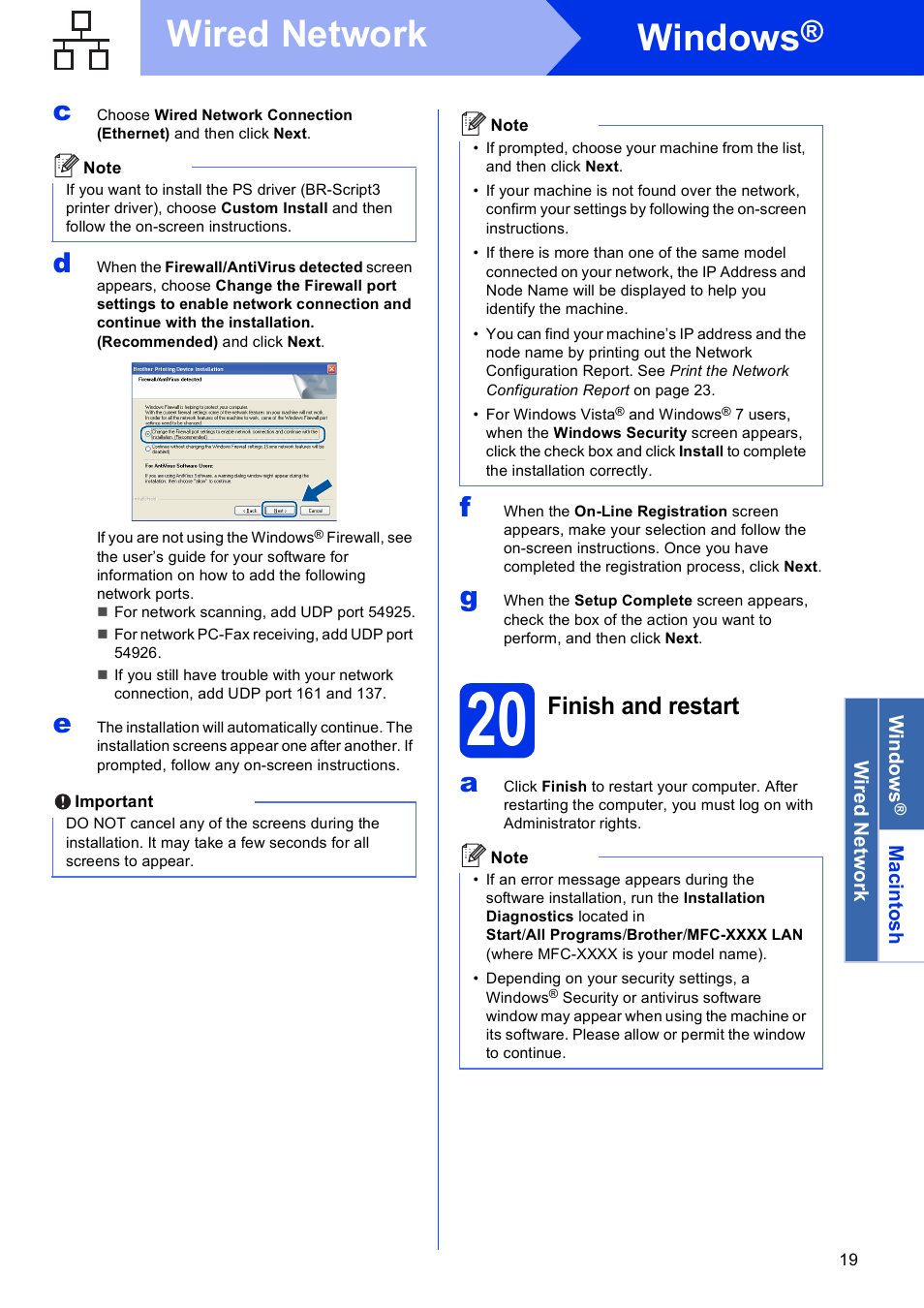 20 finish and restart, Windows, Wired network | Finish and restart | Brother MFC-8510DN User Manual | Page 19 / 26