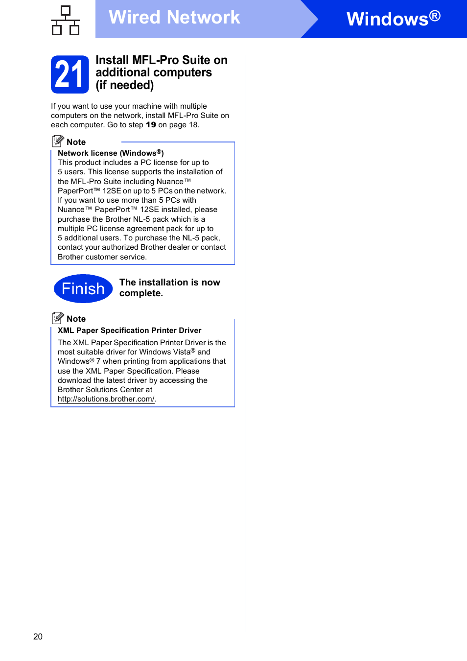 Windows, Wired network, Finish | Brother MFC-8510DN User Manual | Page 20 / 26