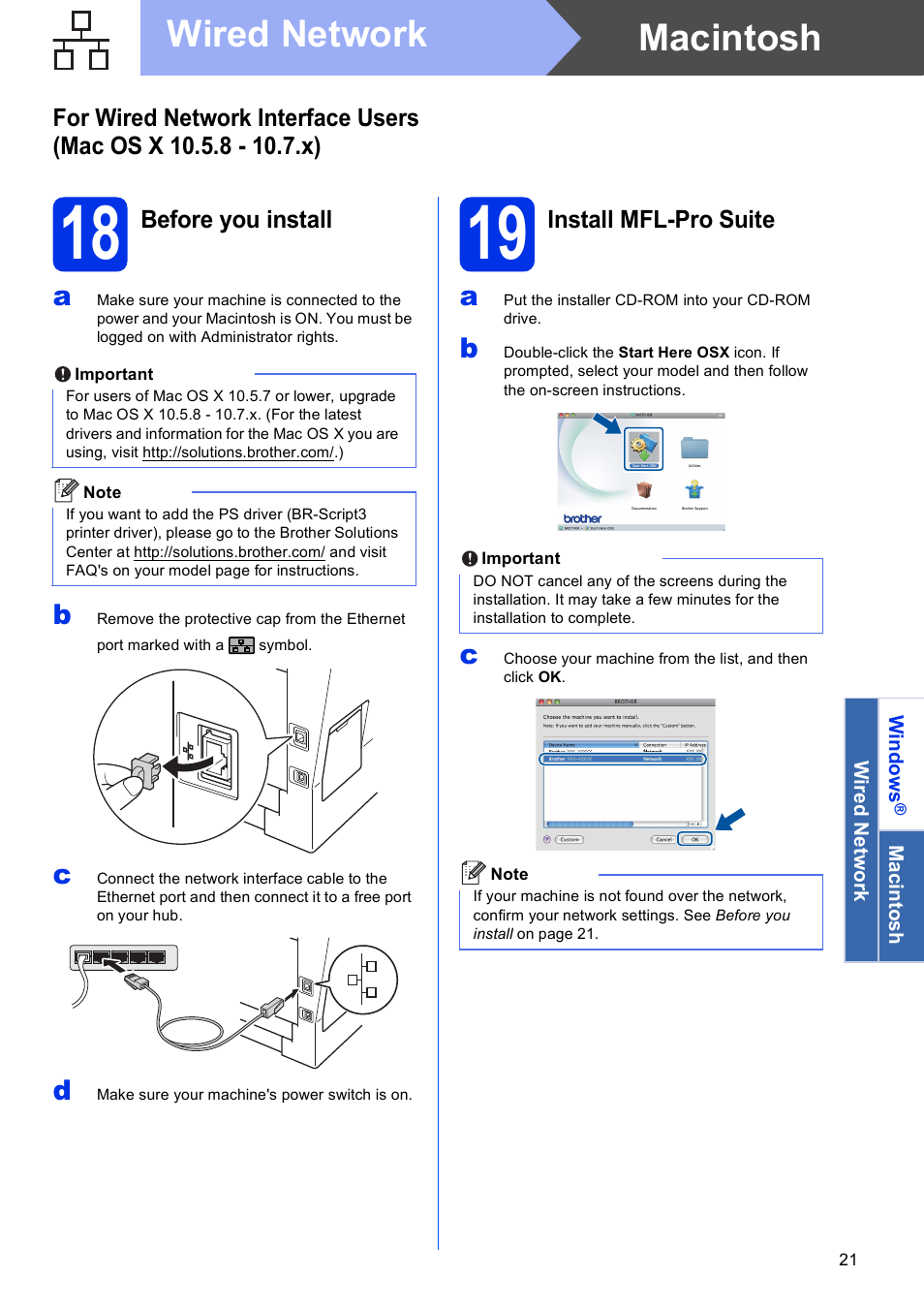 18 before you install, 19 install mfl-pro suite, Macintosh wired network | Brother MFC-8510DN User Manual | Page 21 / 26