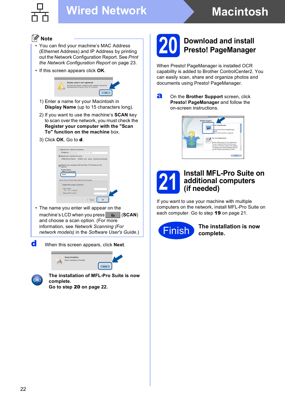 Macintosh wired network, Finish | Brother MFC-8510DN User Manual | Page 22 / 26