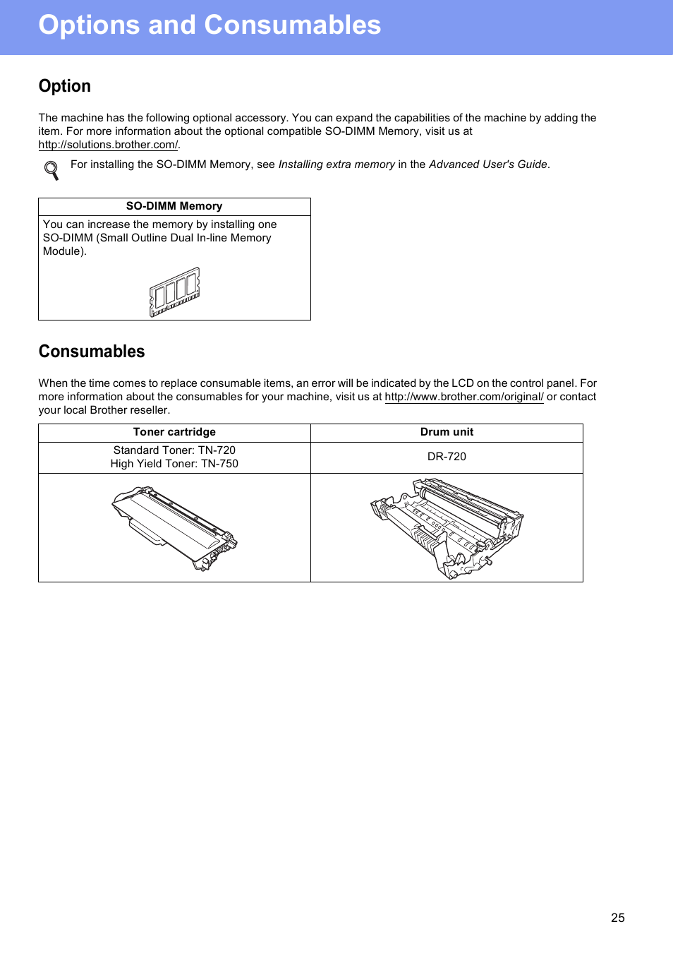 Options and consumables, Option, Consumables | Brother MFC-8510DN User Manual | Page 25 / 26