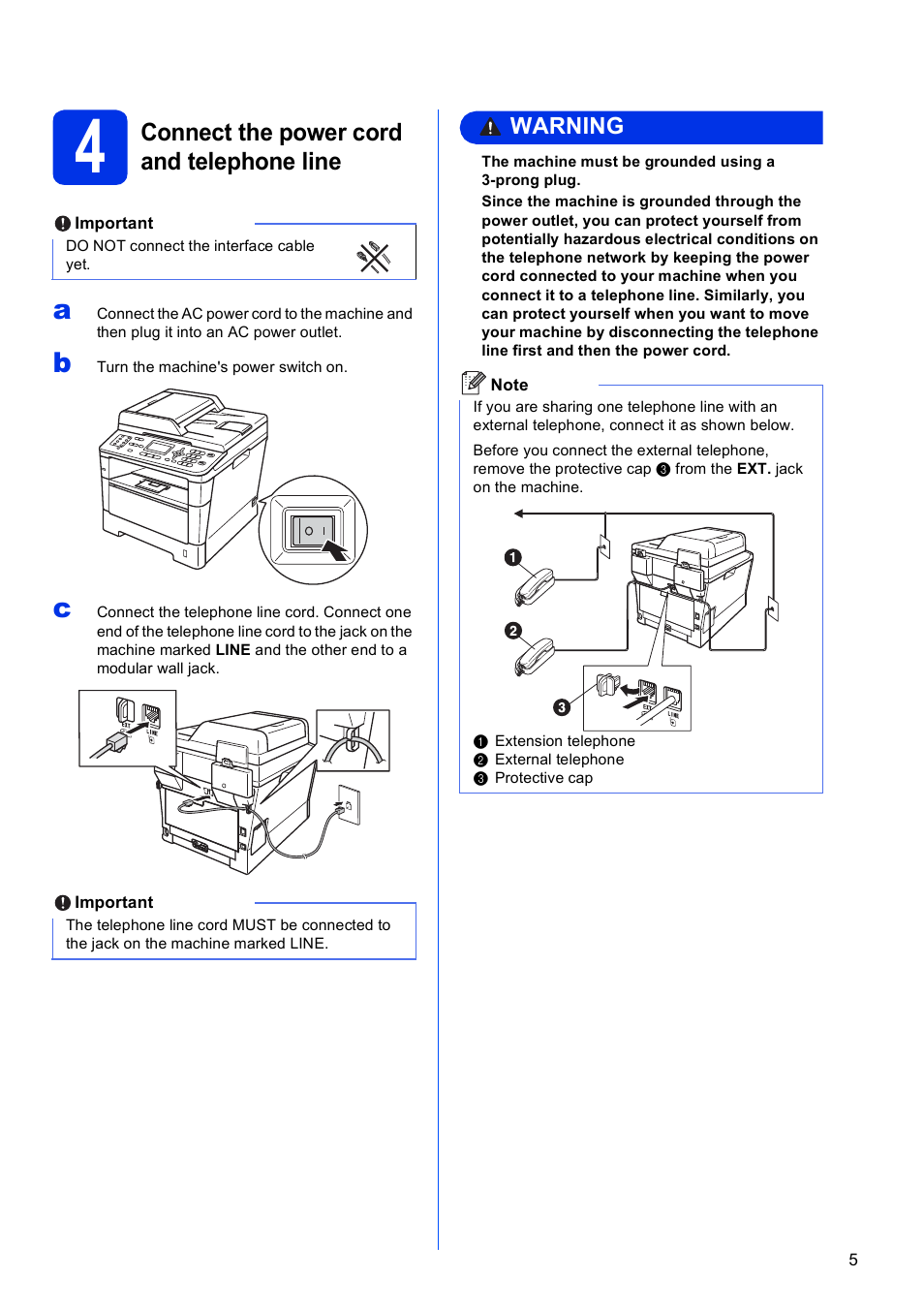 4 connect the power cord and telephone line, Connect the power cord and telephone line | Brother MFC-8510DN User Manual | Page 5 / 26