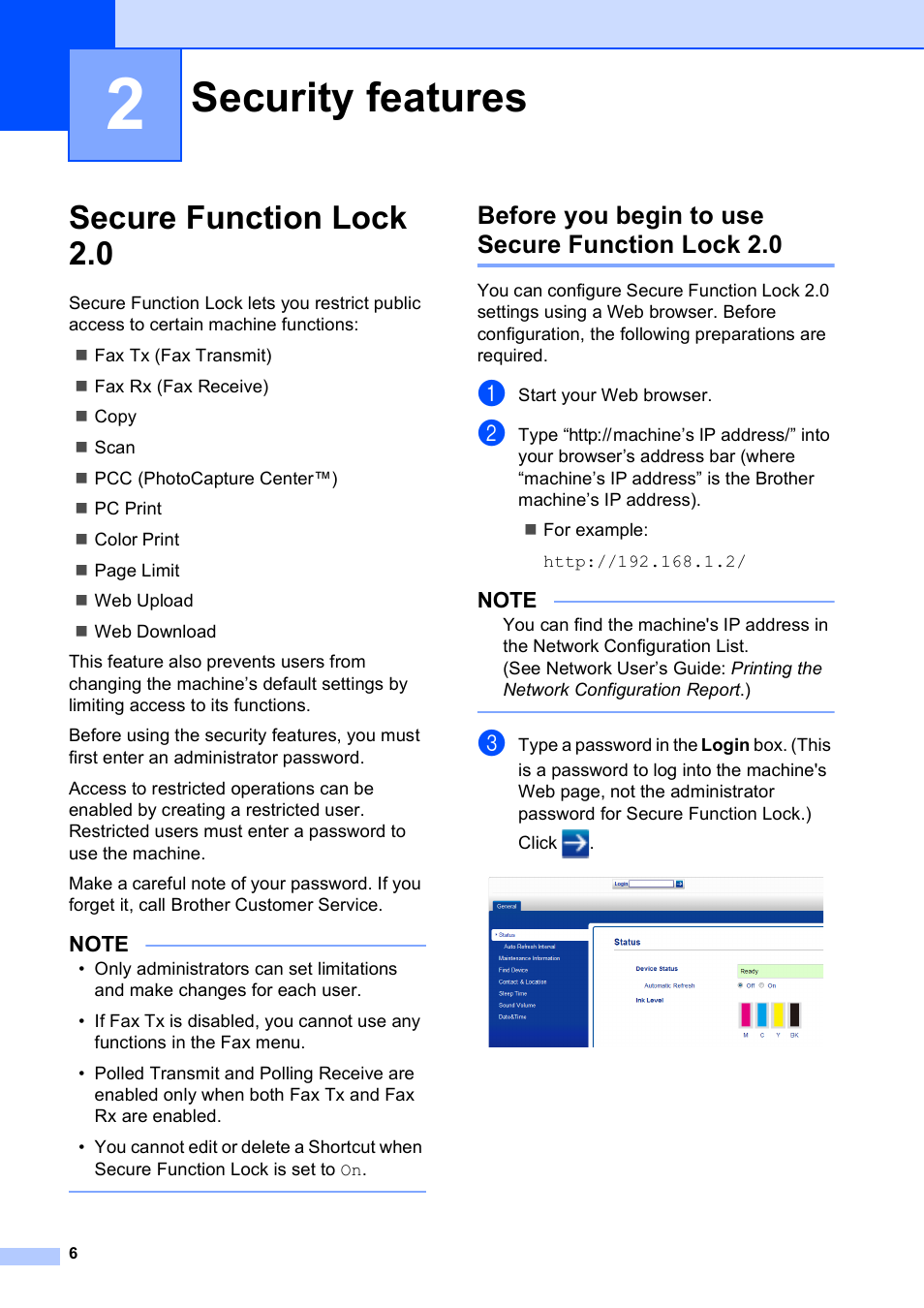 2 security features, Secure function lock 2.0, Before you begin to use secure function lock 2.0 | Security features | Brother MFC-J4410DW User Manual | Page 12 / 88