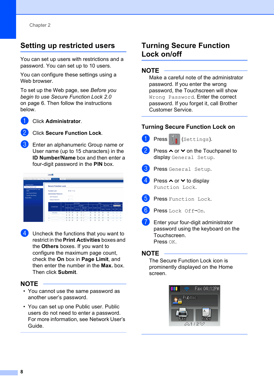 Setting up restricted users, Turning secure function lock on/off, Turning secure function lock on | Brother MFC-J4410DW User Manual | Page 14 / 88