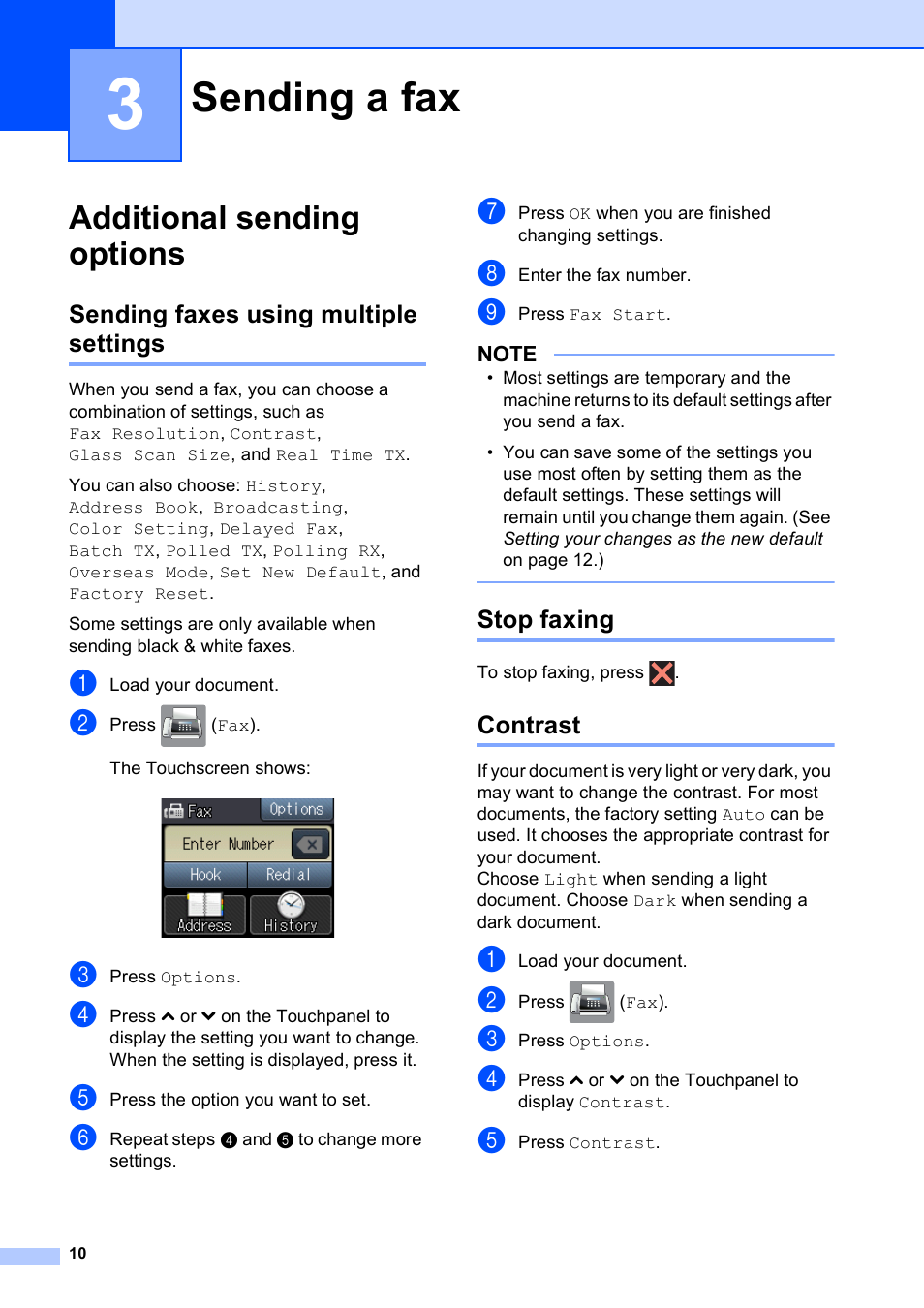 3 sending a fax, Additional sending options, Sending faxes using multiple settings | Stop faxing, Contrast, Sending a fax | Brother MFC-J4410DW User Manual | Page 16 / 88
