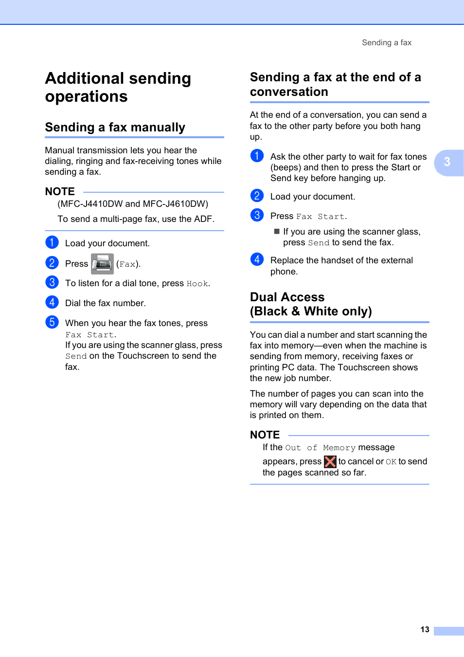 Additional sending operations, Sending a fax manually, Sending a fax at the end of a conversation | Dual access (black & white only) | Brother MFC-J4410DW User Manual | Page 19 / 88