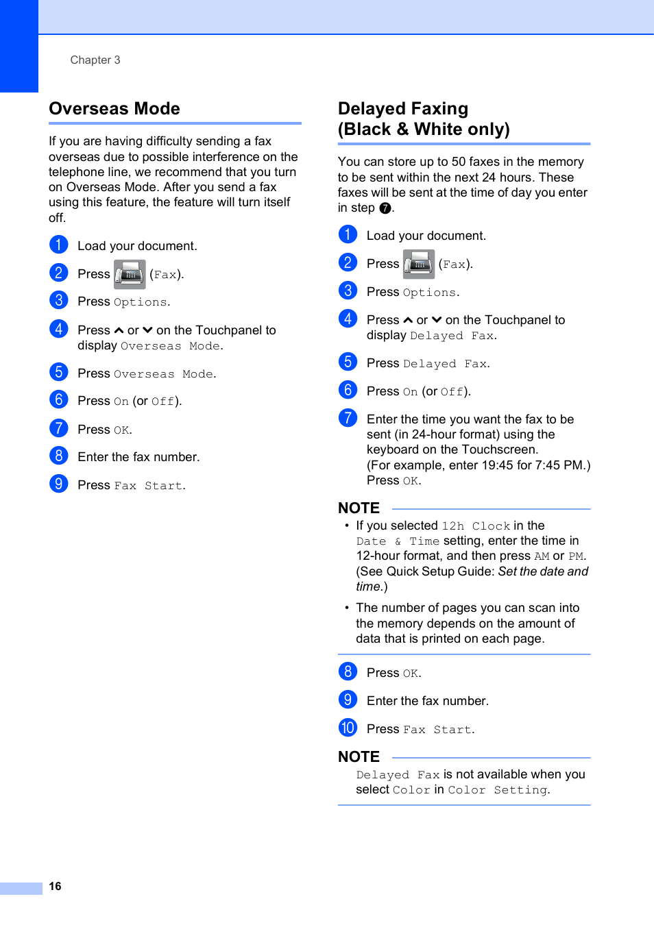 Overseas mode, Delayed faxing (black & white only), Overseas mode delayed faxing (black & white only) | Brother MFC-J4410DW User Manual | Page 22 / 88