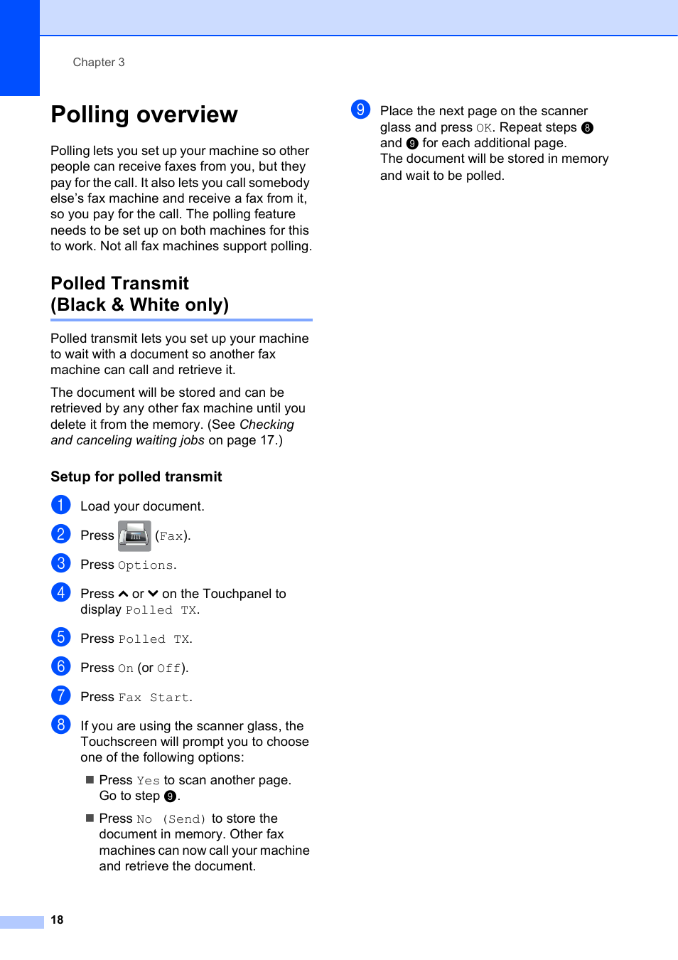 Polling overview, Polled transmit (black & white only), Setup for polled transmit | Brother MFC-J4410DW User Manual | Page 24 / 88