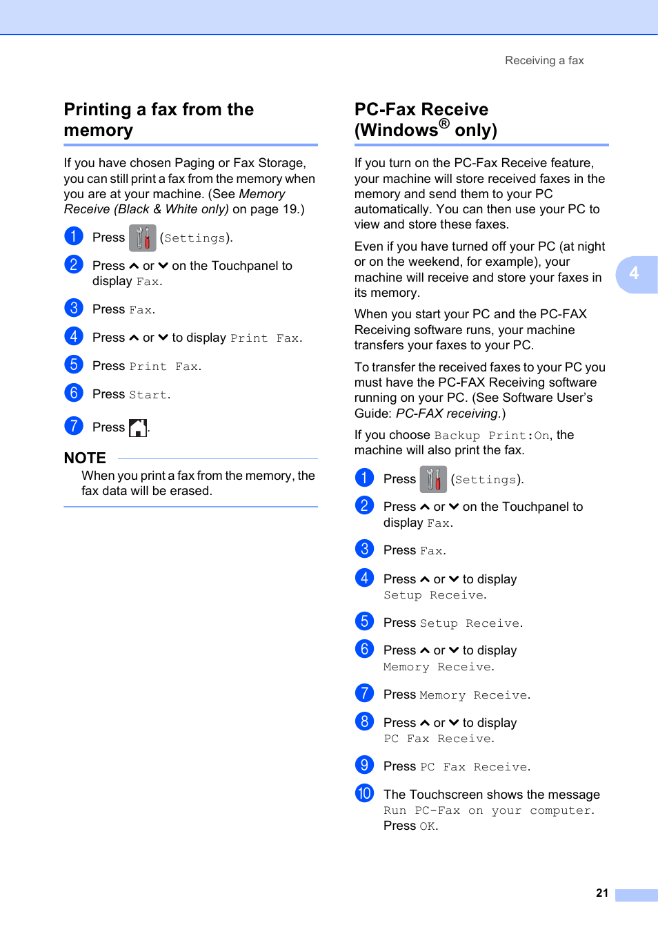 Printing a fax from the memory, Pc-fax receive (windows® only), Only) | Pc-fax receive (windows | Brother MFC-J4410DW User Manual | Page 27 / 88