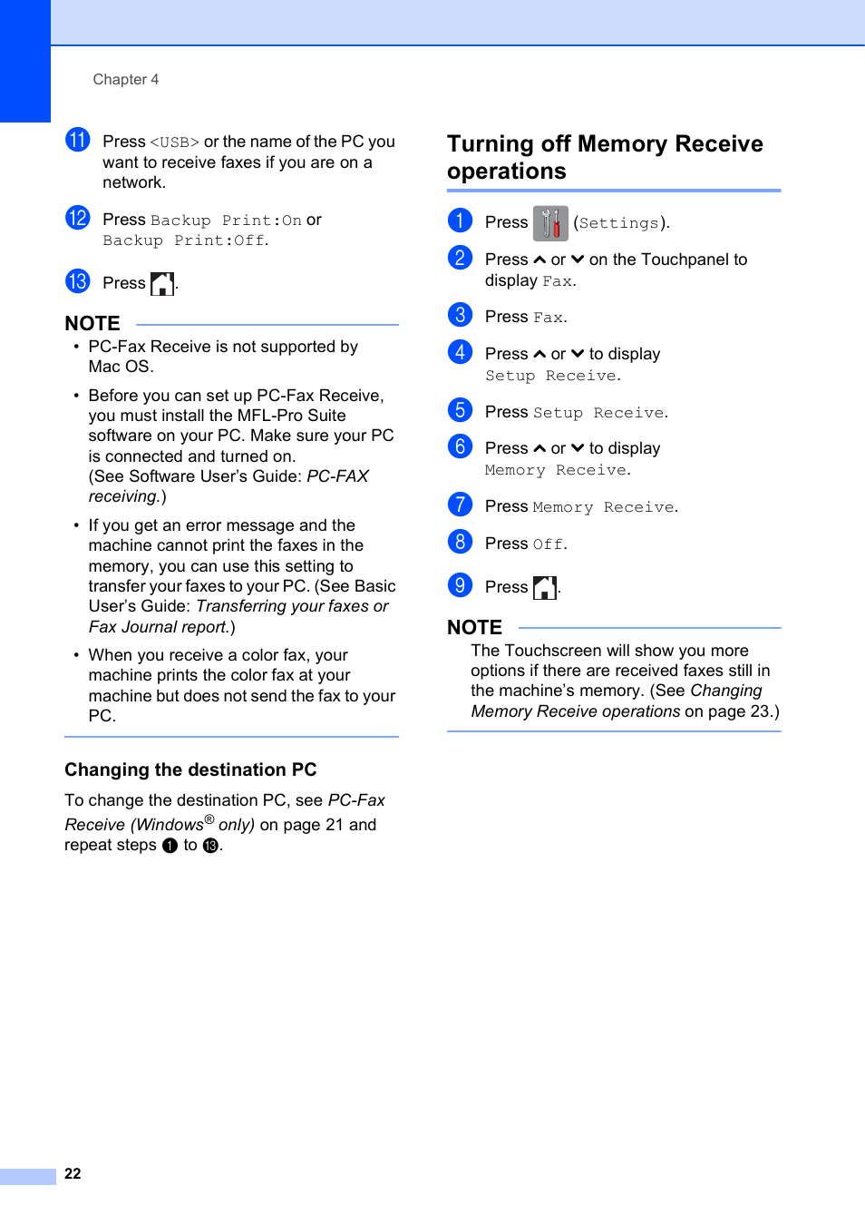 Changing the destination pc, Turning off memory receive operations | Brother MFC-J4410DW User Manual | Page 28 / 88