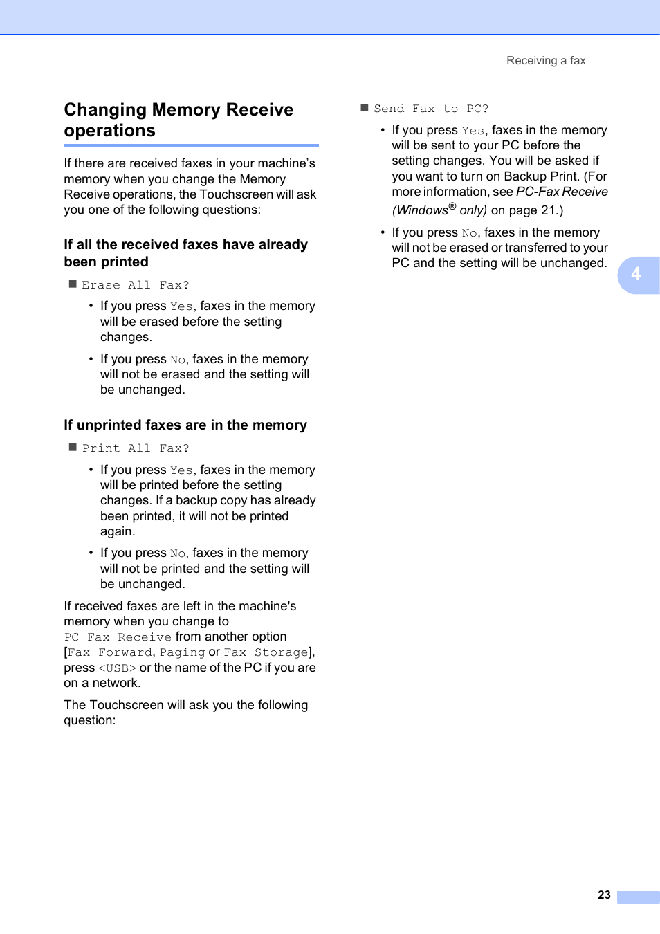 Changing memory receive operations, If unprinted faxes are in the memory | Brother MFC-J4410DW User Manual | Page 29 / 88