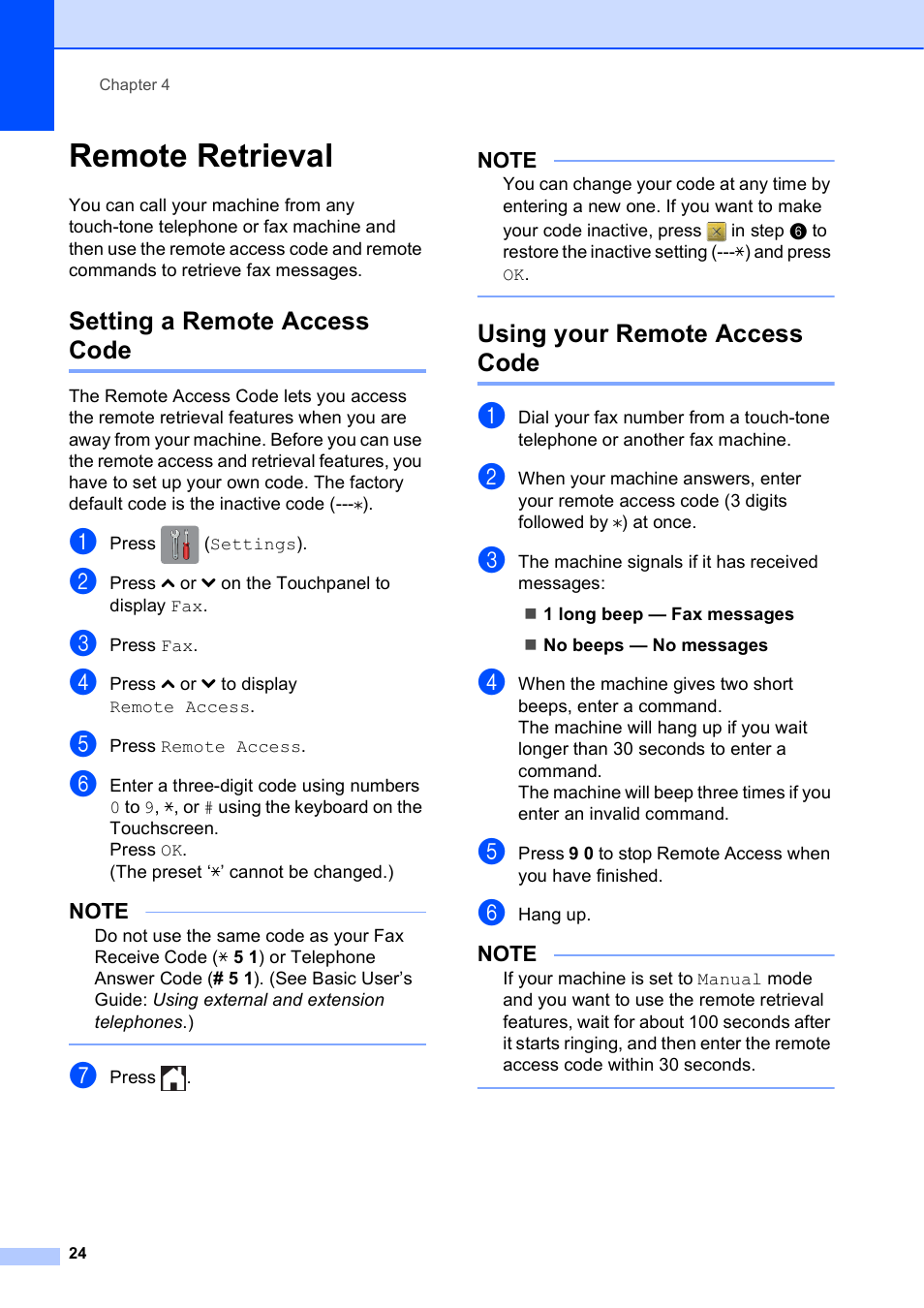 Remote retrieval, Setting a remote access code, Using your remote access code | Brother MFC-J4410DW User Manual | Page 30 / 88