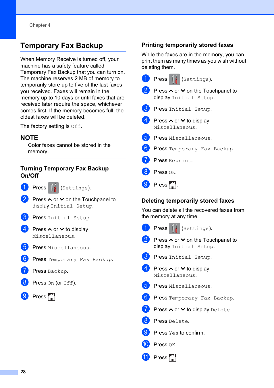 Temporary fax backup, Turning temporary fax backup on/off, Printing temporarily stored faxes | Deleting temporarily stored faxes | Brother MFC-J4410DW User Manual | Page 34 / 88
