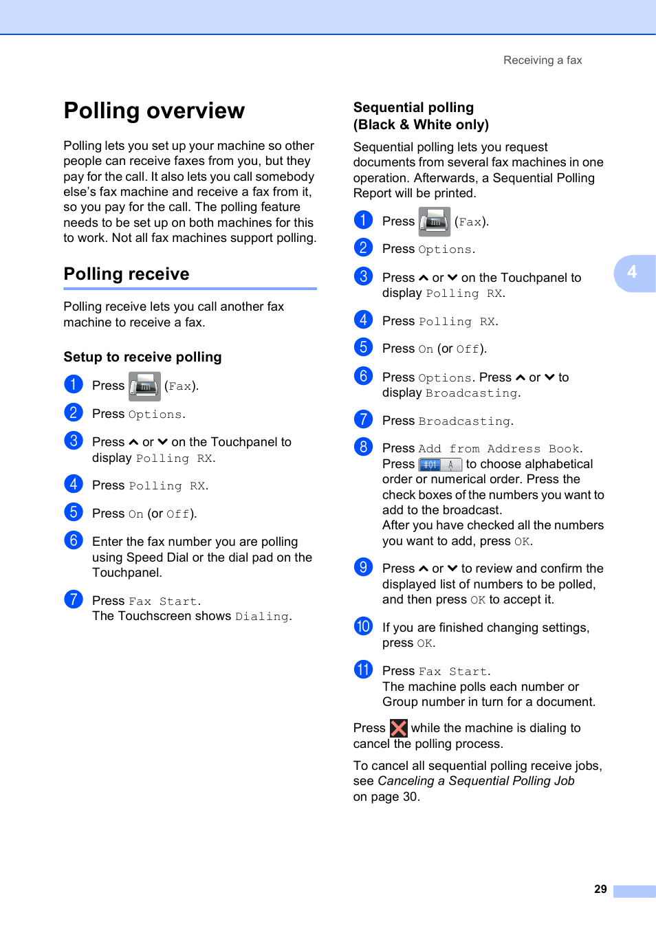 Polling overview, Polling receive, Setup to receive polling | Sequential polling (black & white only) | Brother MFC-J4410DW User Manual | Page 35 / 88