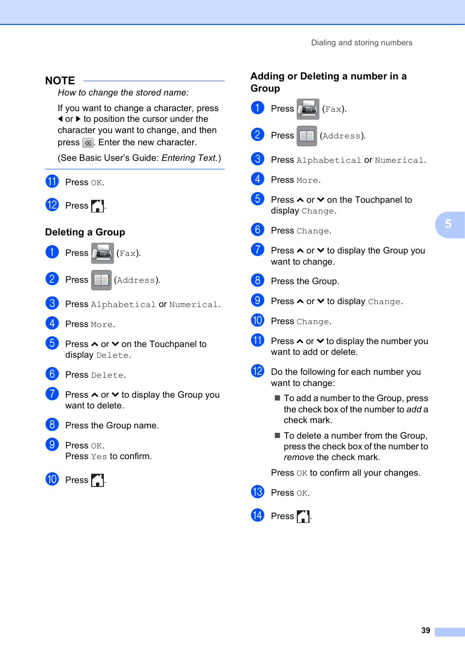 Deleting a group, Adding or deleting a number in a group | Brother MFC-J4410DW User Manual | Page 45 / 88