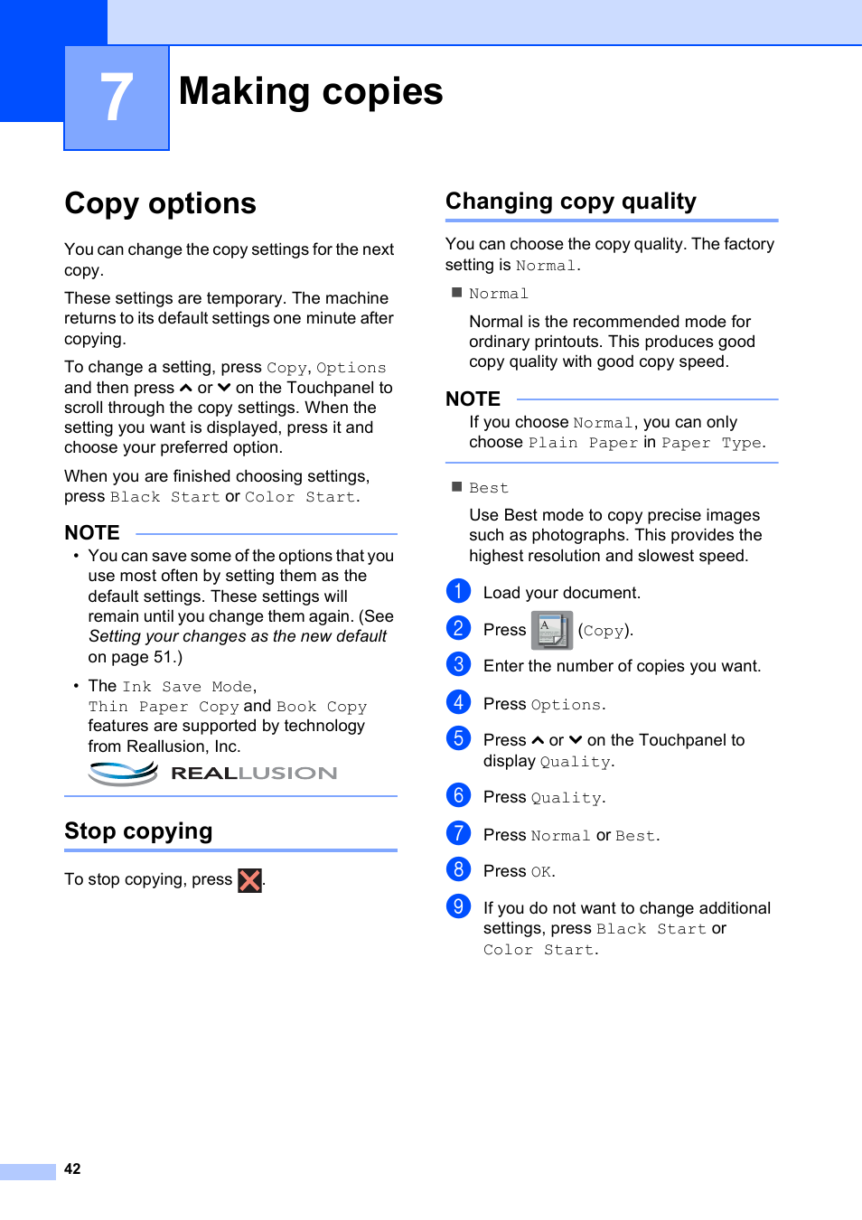 7 making copies, Copy options, Stop copying | Changing copy quality, Making copies, Stop copying changing copy quality | Brother MFC-J4410DW User Manual | Page 48 / 88