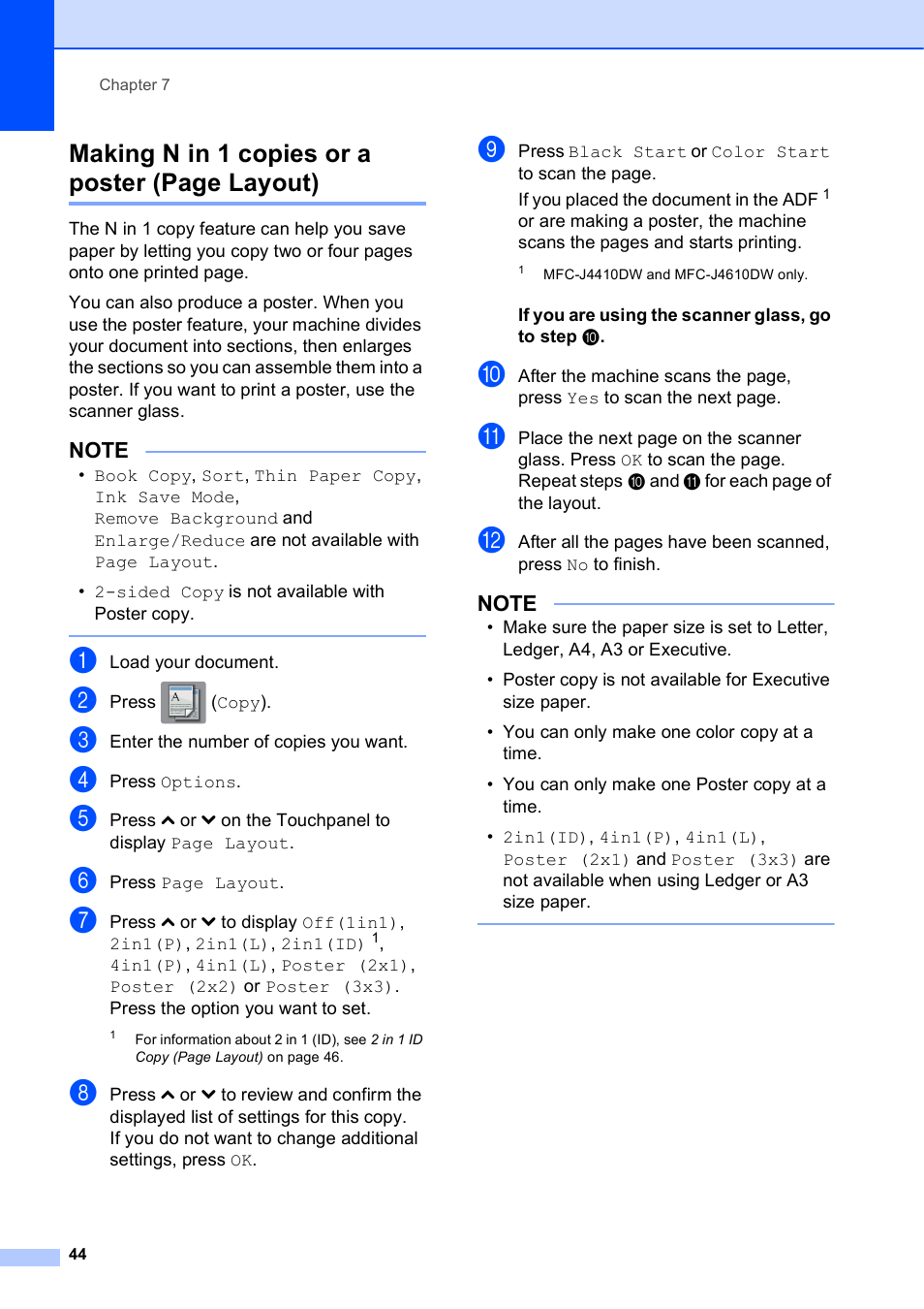 Making n in 1 copies or a poster (page layout) | Brother MFC-J4410DW User Manual | Page 50 / 88
