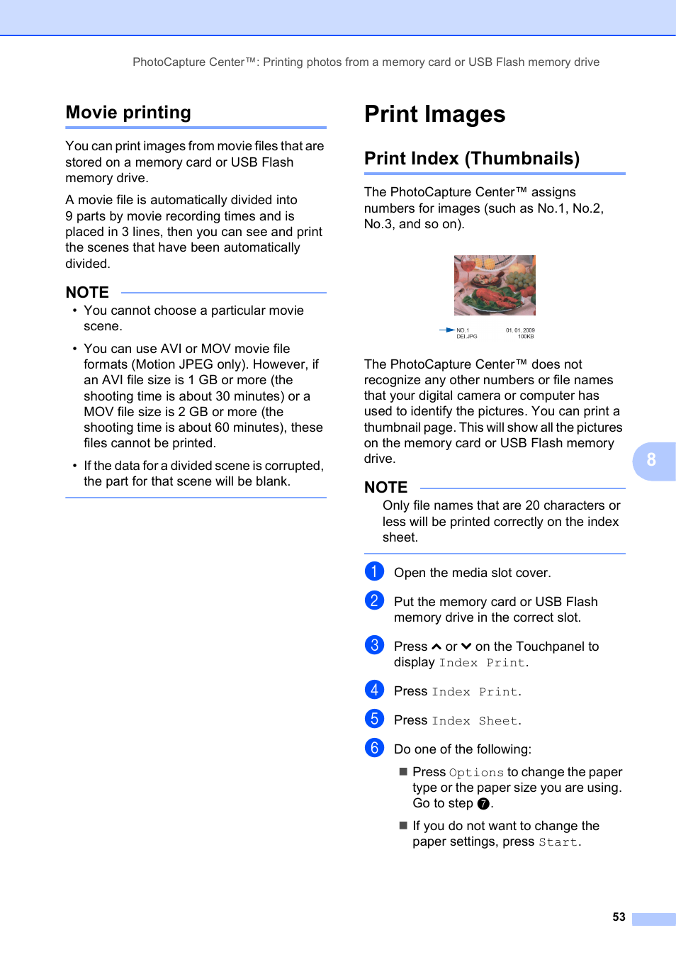 Movie printing, Print images, Print index (thumbnails) | 8movie printing | Brother MFC-J4410DW User Manual | Page 59 / 88