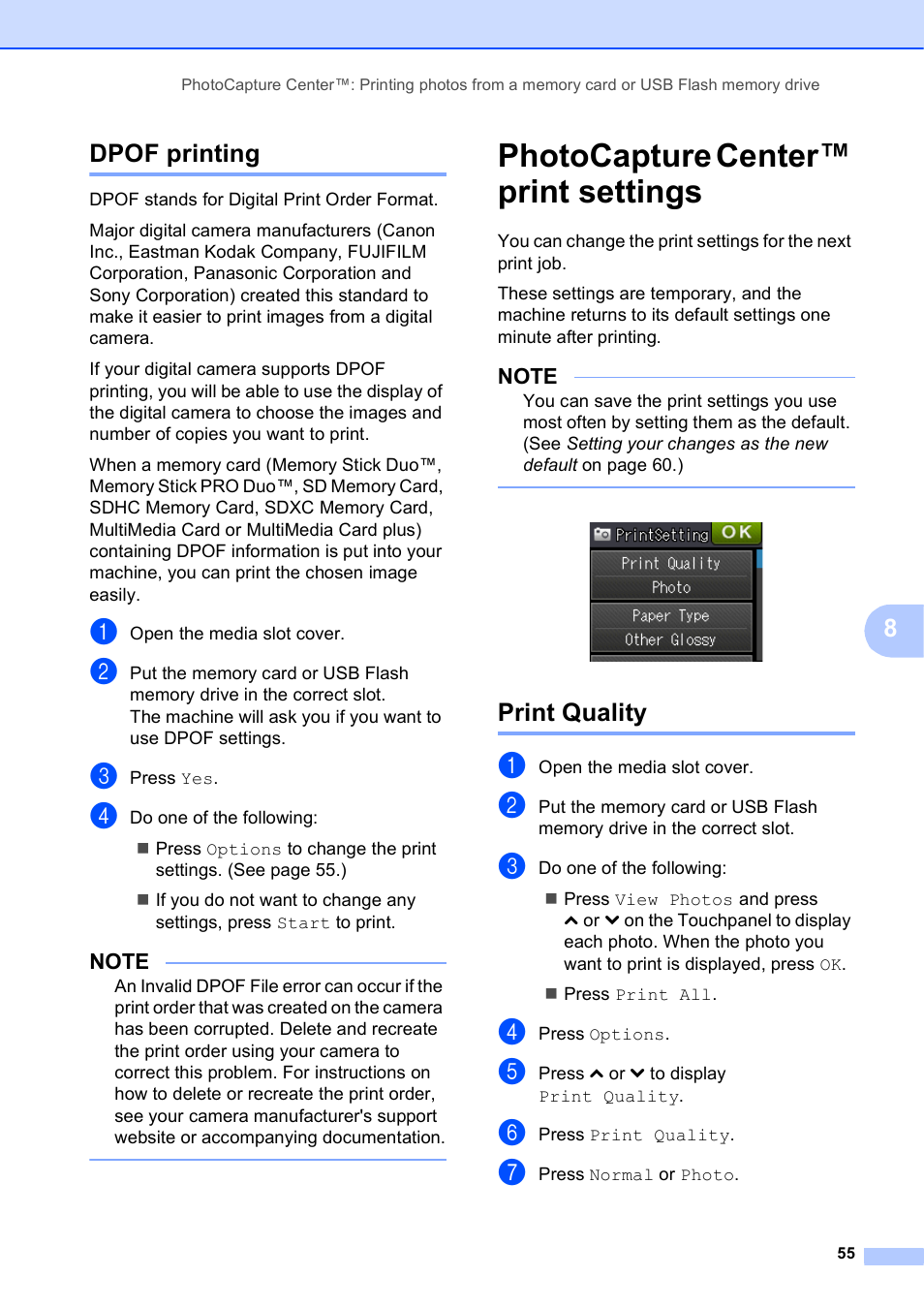 Dpof printing, Photocapture center™ print settings, Print quality | 8dpof printing | Brother MFC-J4410DW User Manual | Page 61 / 88
