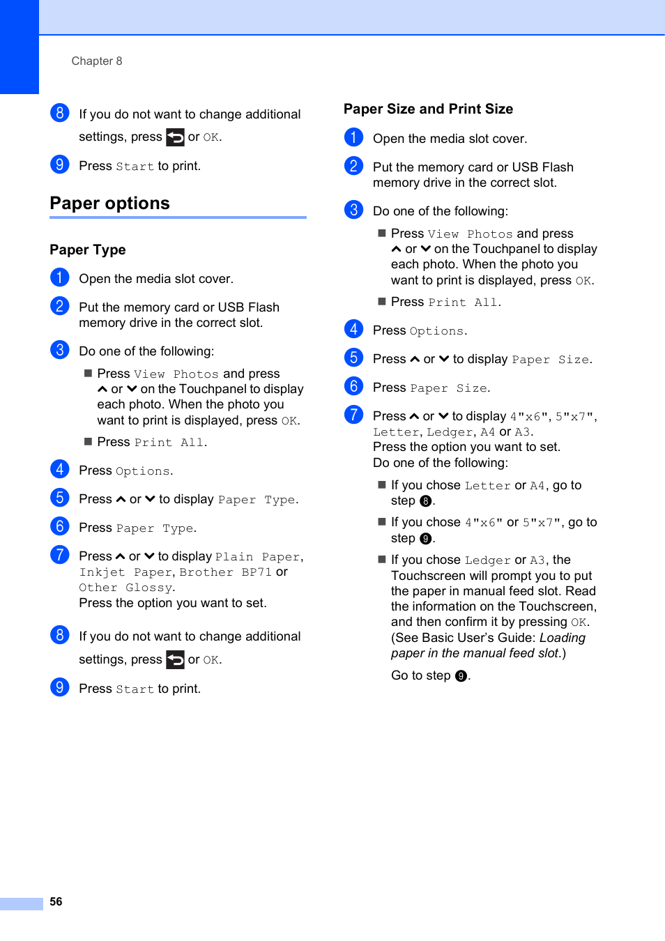 Paper options, Paper type, Paper size and print size | Brother MFC-J4410DW User Manual | Page 62 / 88