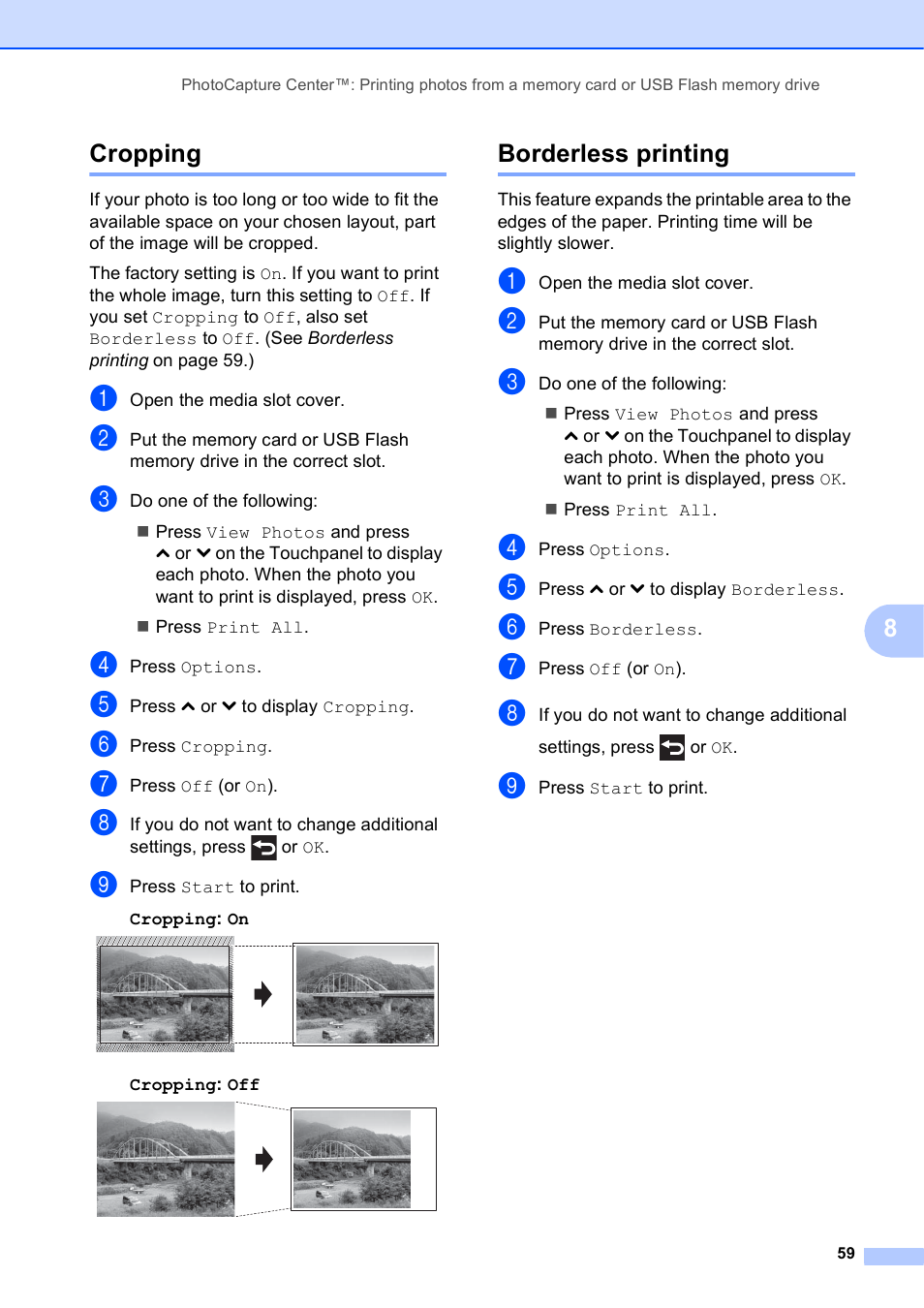 Cropping, Borderless printing, Cropping borderless printing | 8cropping | Brother MFC-J4410DW User Manual | Page 65 / 88