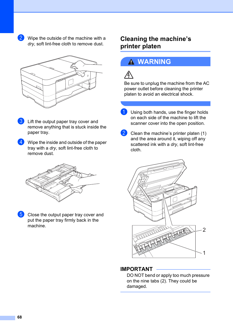 Cleaning the machine’s printer platen, Warning, Important | Brother MFC-J4410DW User Manual | Page 74 / 88