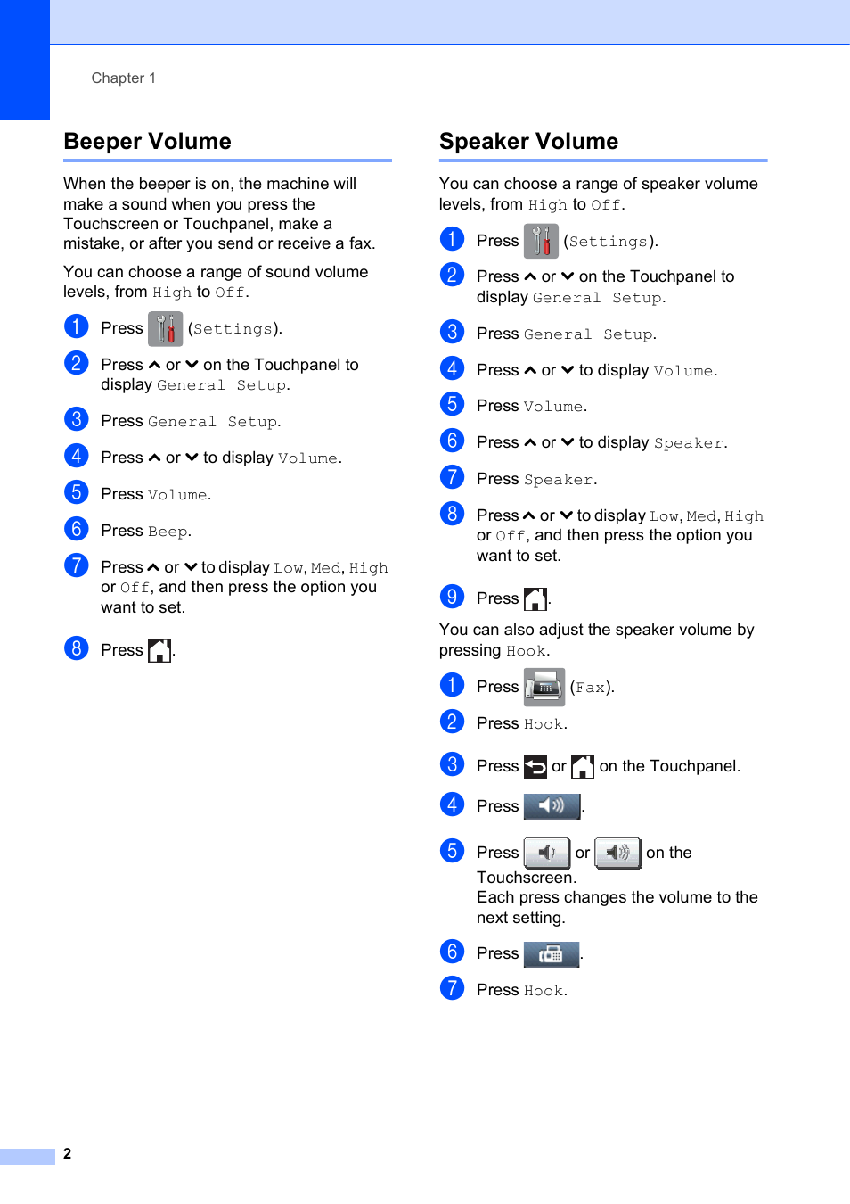 Beeper volume, Speaker volume, Beeper volume speaker volume | Brother MFC-J4410DW User Manual | Page 8 / 88