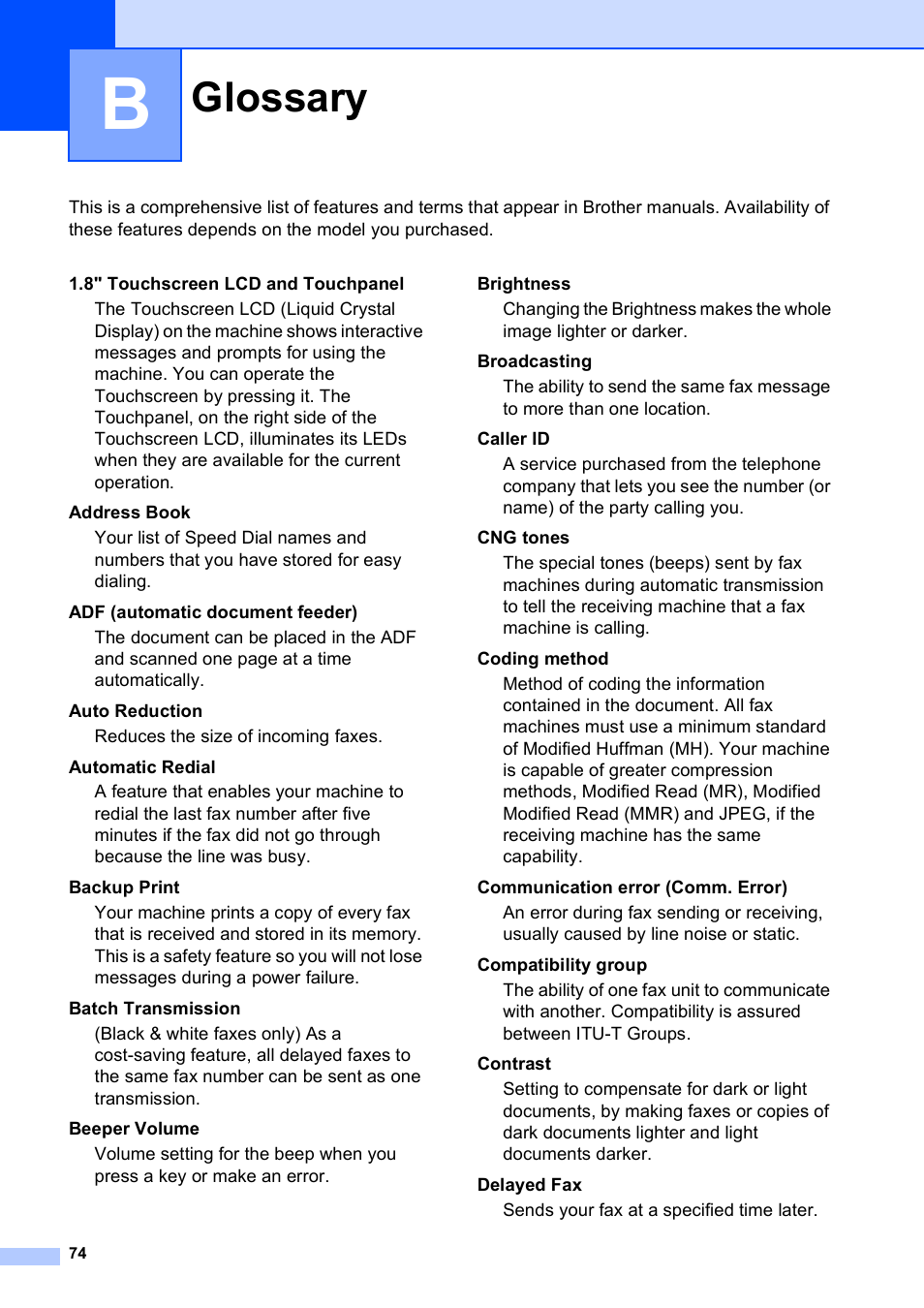 B glossary, Glossary | Brother MFC-J4410DW User Manual | Page 80 / 88