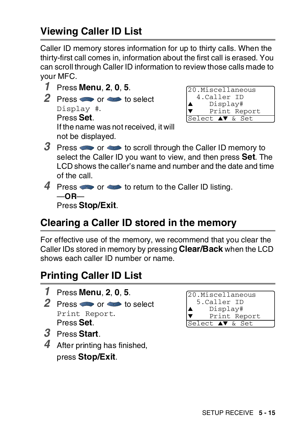 Viewing caller id list, Clearing a caller id stored in the memory, Printing caller id list | Brother MFC-8820DN User Manual | Page 100 / 421