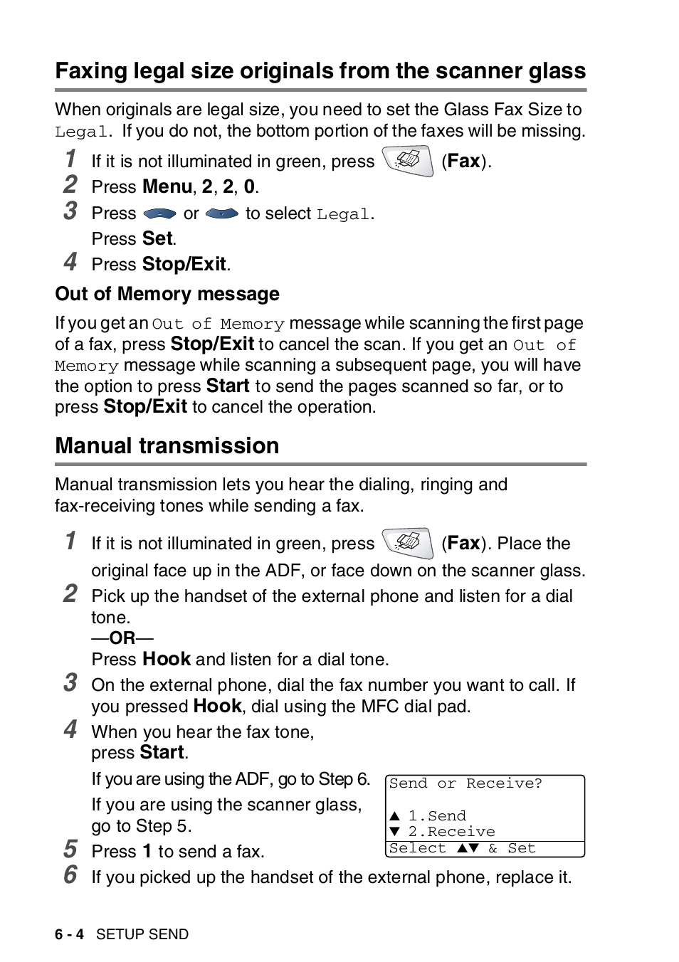 Faxing legal size originals from the scanner glass, Out of memory message, Manual transmission | Out of memory message -4, Manual transmission -4 | Brother MFC-8820DN User Manual | Page 104 / 421
