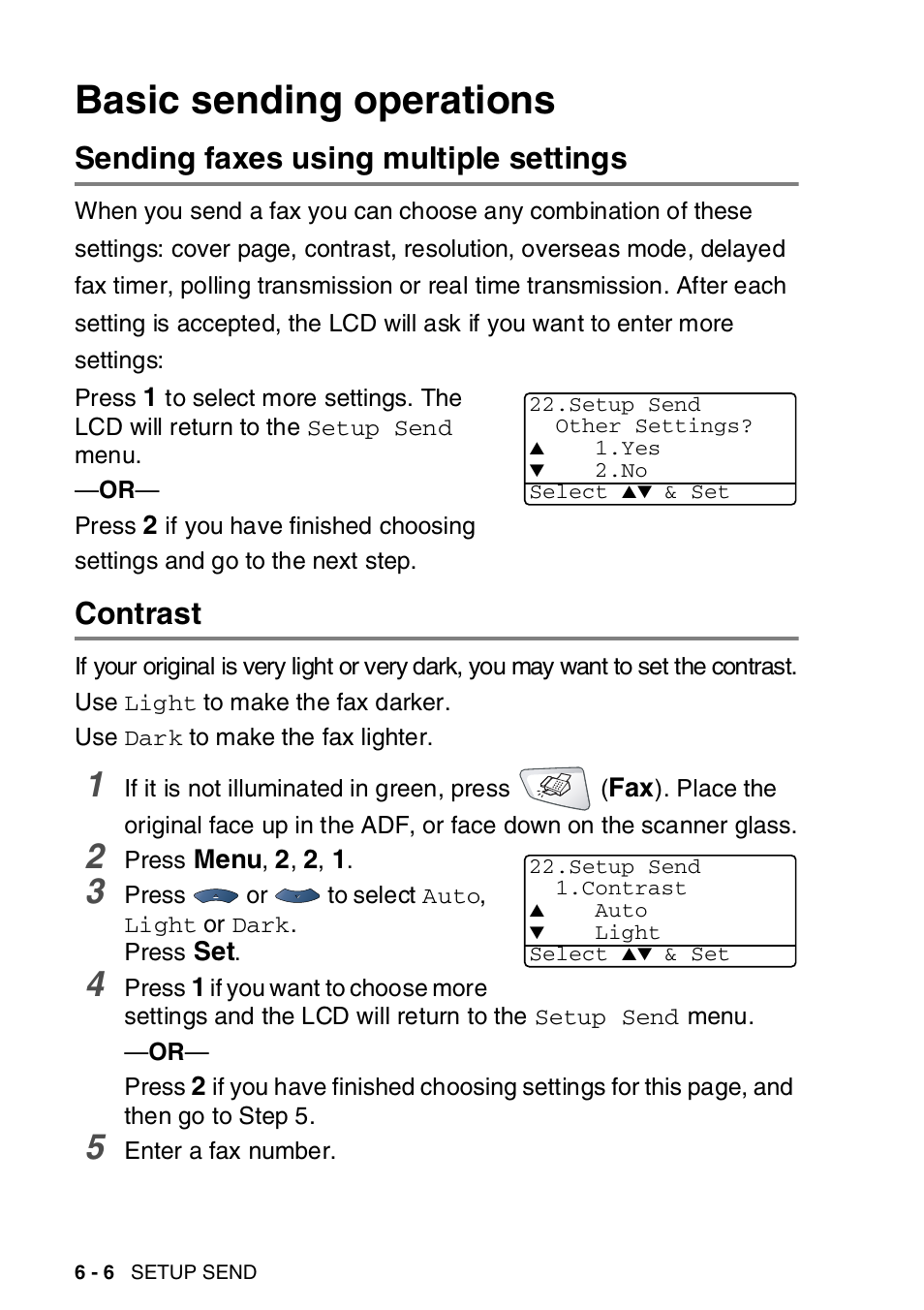 Basic sending operations, Sending faxes using multiple settings, Contrast | Basic sending operations -6 | Brother MFC-8820DN User Manual | Page 106 / 421