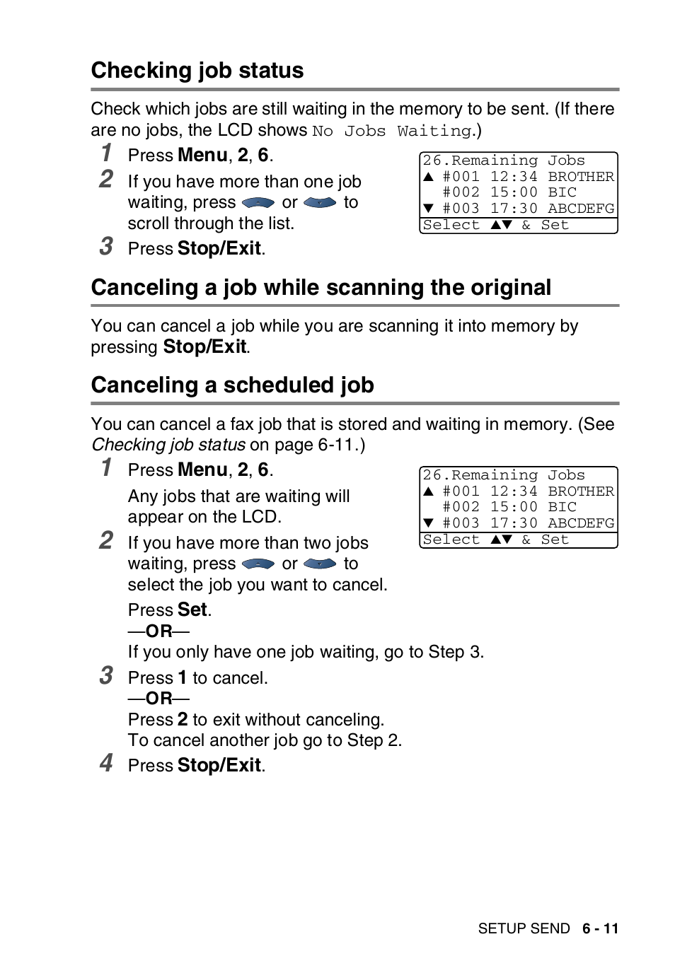 Checking job status, Canceling a job while scanning the original, Canceling a scheduled job | Brother MFC-8820DN User Manual | Page 111 / 421